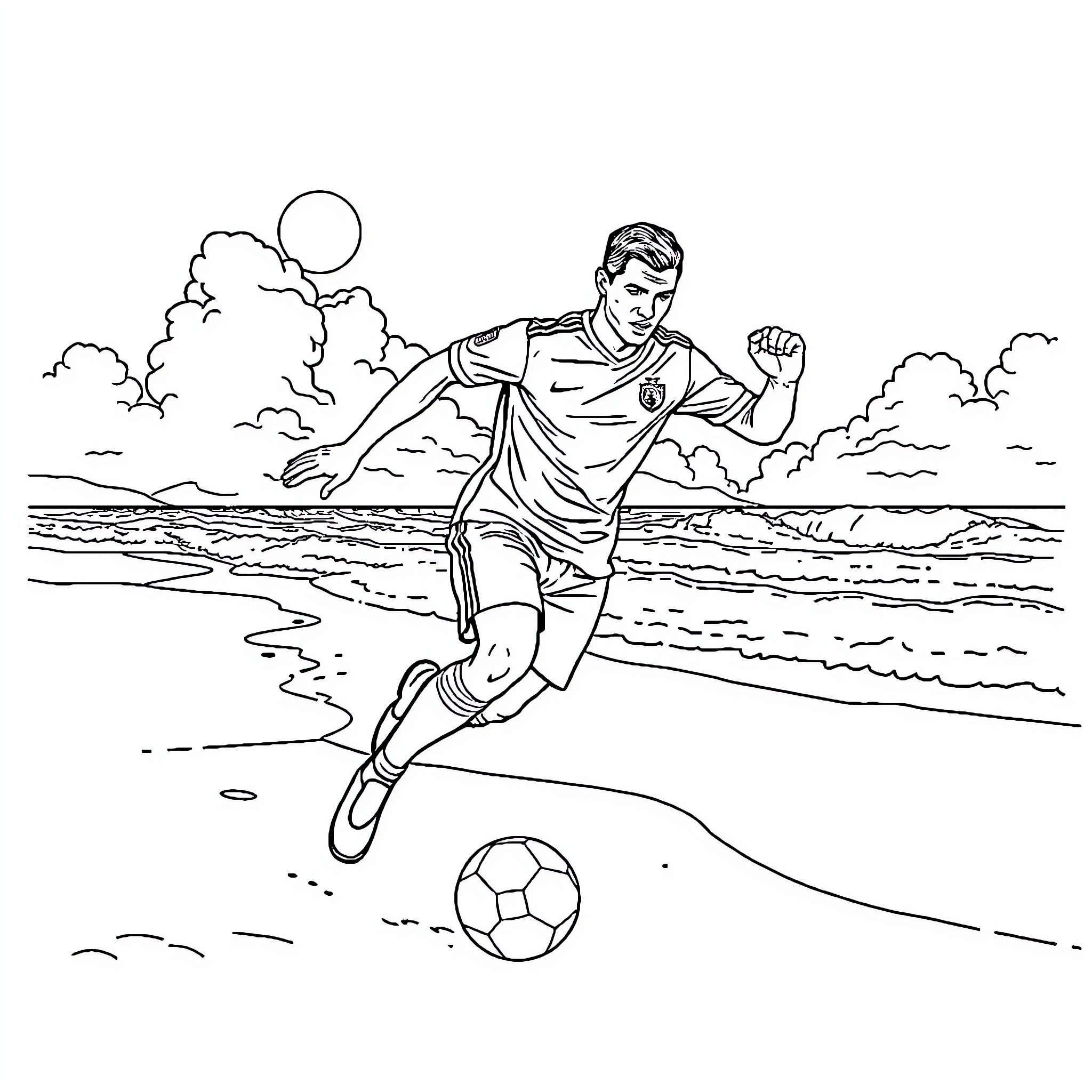 Cristiano Ronaldo playing soccer on the beach Coloring Page (free black-and-white line drawing printable PDF for all, from beginners to advanced learners, including children, teens, adults, and seniors)