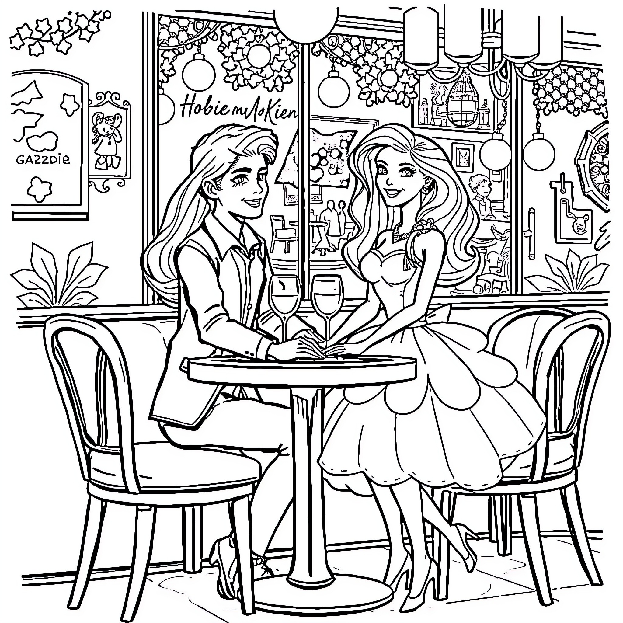Barbie Sisters Dining Together in a Festive Setting Coloring Page (free black-and-white line drawing printable PDF for all, from beginners to advanced learners, including children, teens, adults, and seniors)