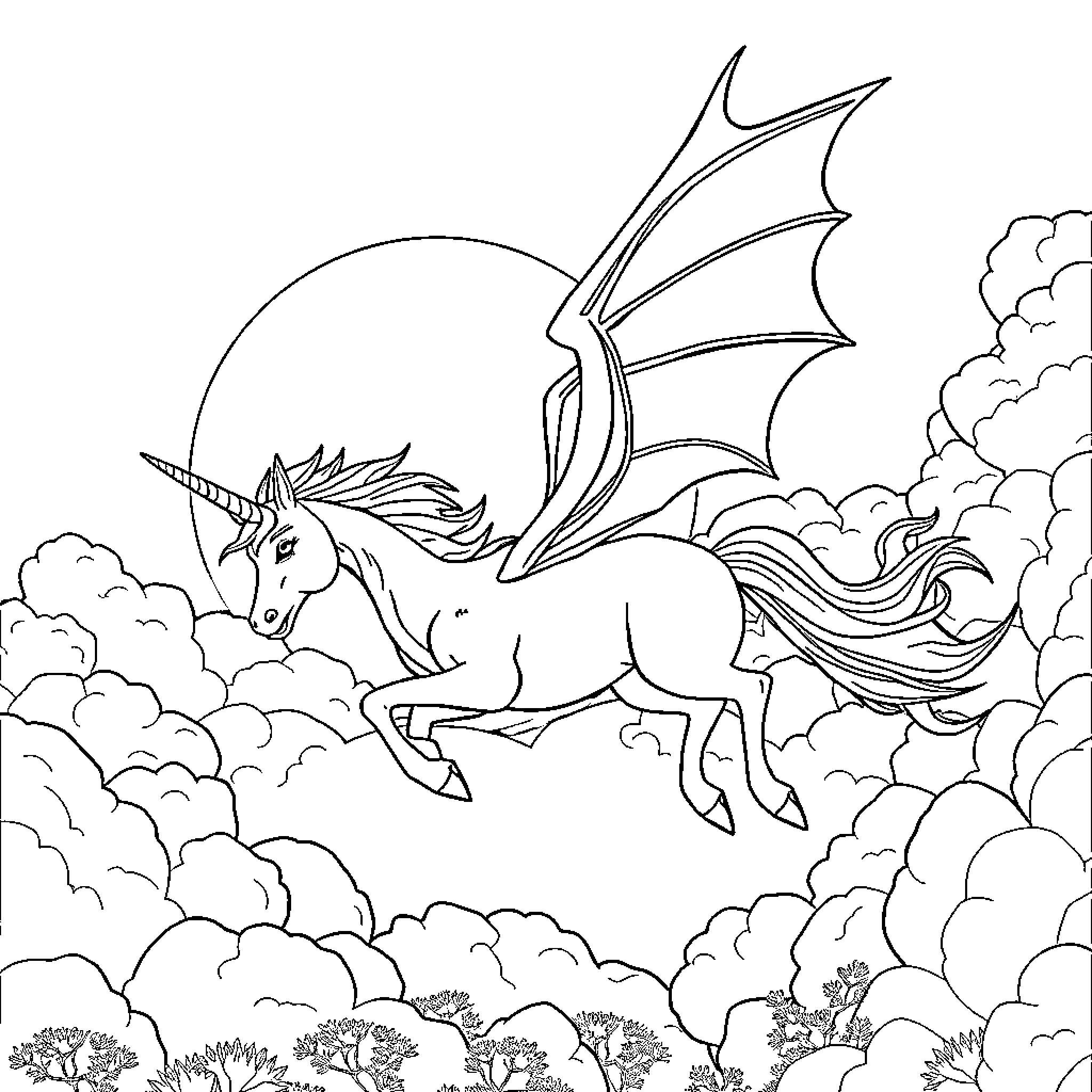 Dragon Unicorn Soaring Through Cloudy Skies Coloring Page (free black-and-white line drawing printable PDF for all, from beginners to advanced learners, including children, teens, adults, and seniors)
