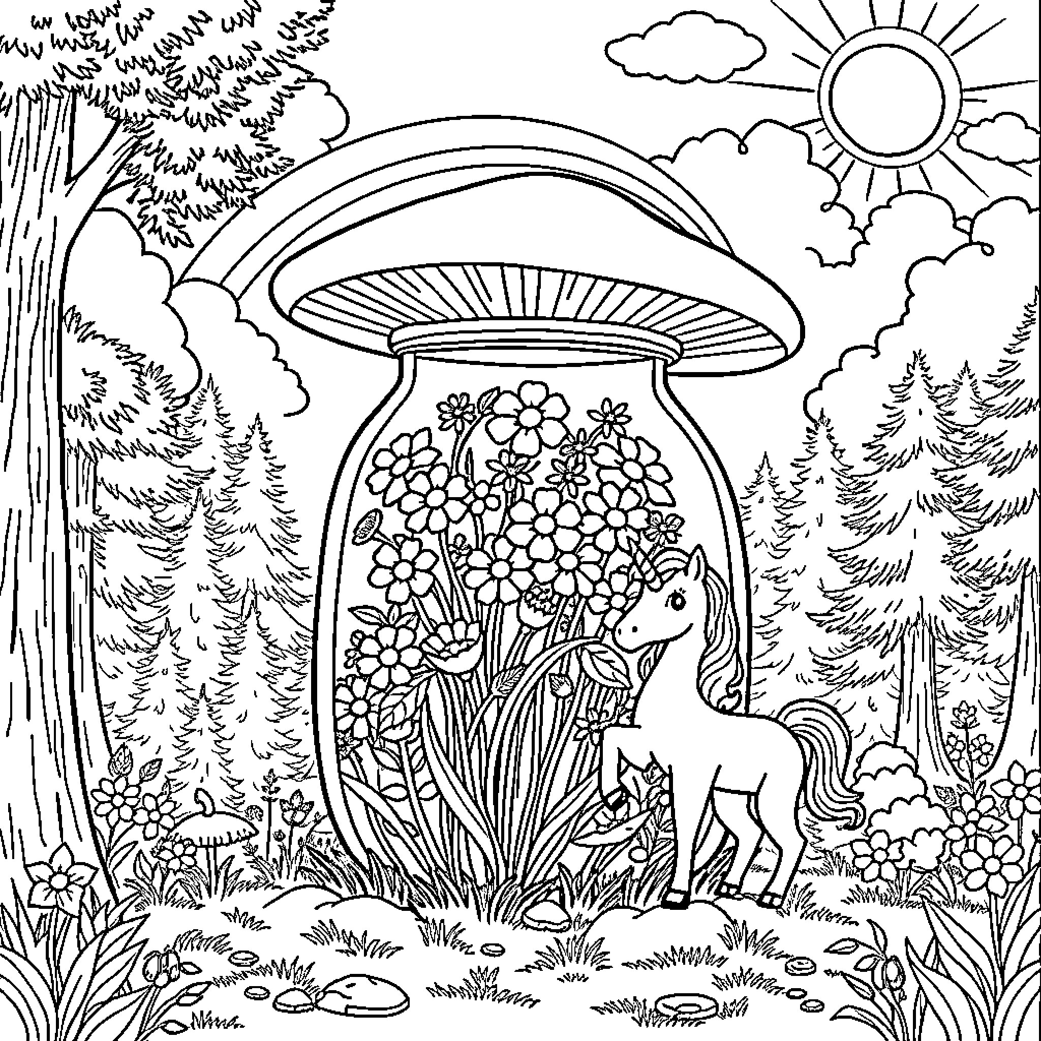 Mushroom Fantasy Scene with Flowers and Deer Coloring Page (free black-and-white line drawing printable PDF for all, from beginners to advanced learners, including children, teens, adults, and seniors)