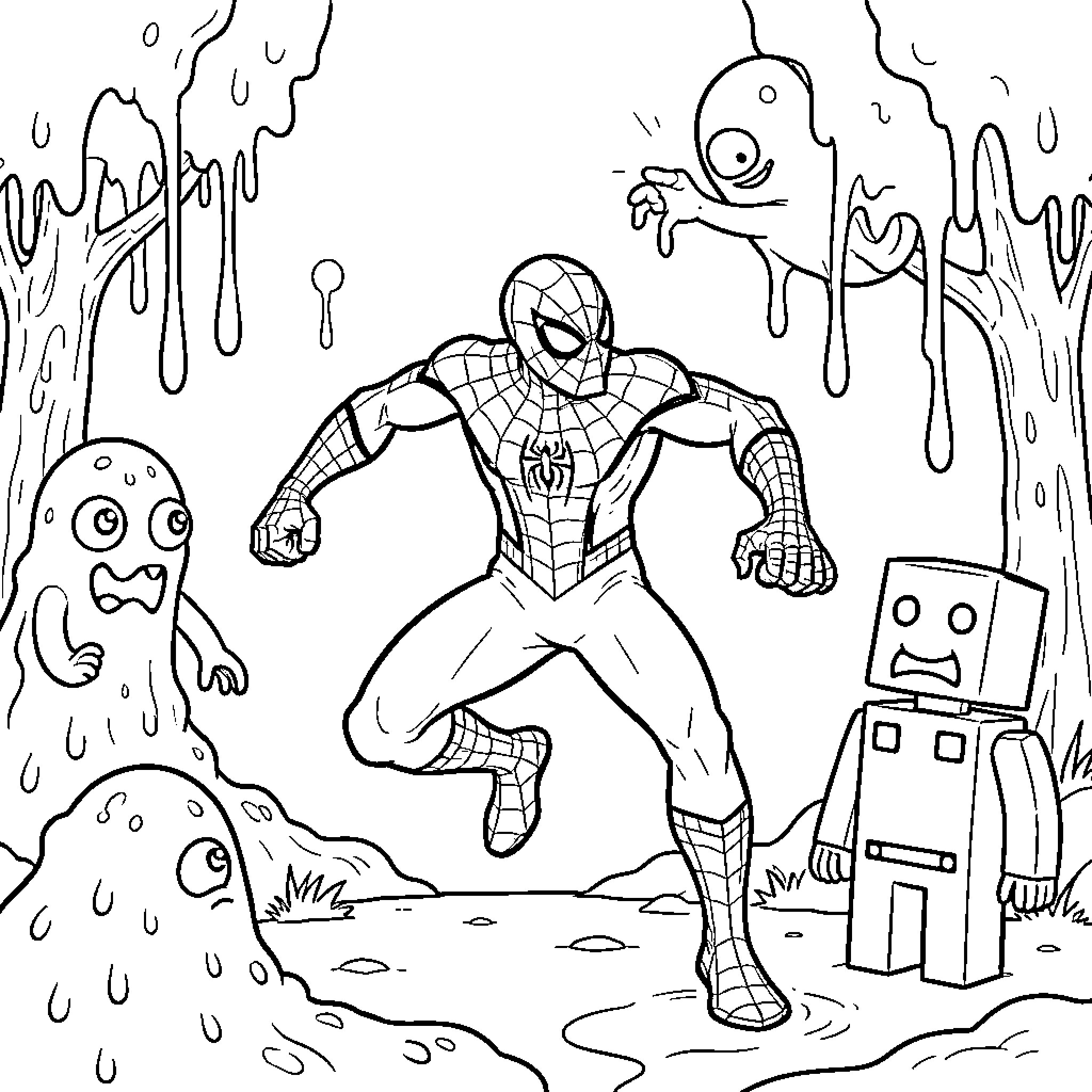 Spiderman fighting monsters in a spooky forest Coloring Page (free black-and-white line drawing printable PDF for all, from beginners to advanced learners, including children, teens, adults, and seniors)