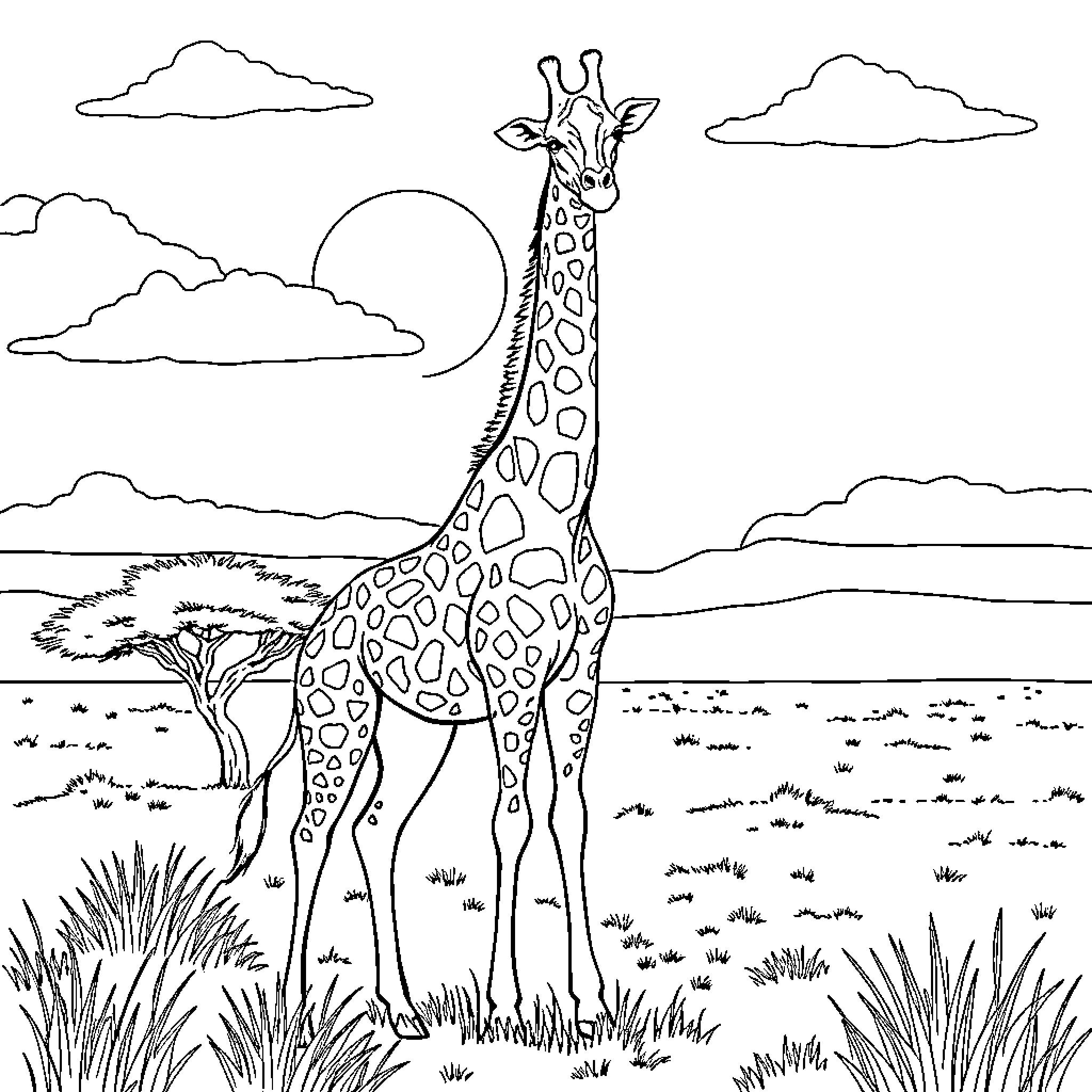 Giraffe standing in the savannah Coloring Page (free black-and-white line drawing printable PDF for all, from beginners to advanced learners, including children, teens, adults, and seniors)