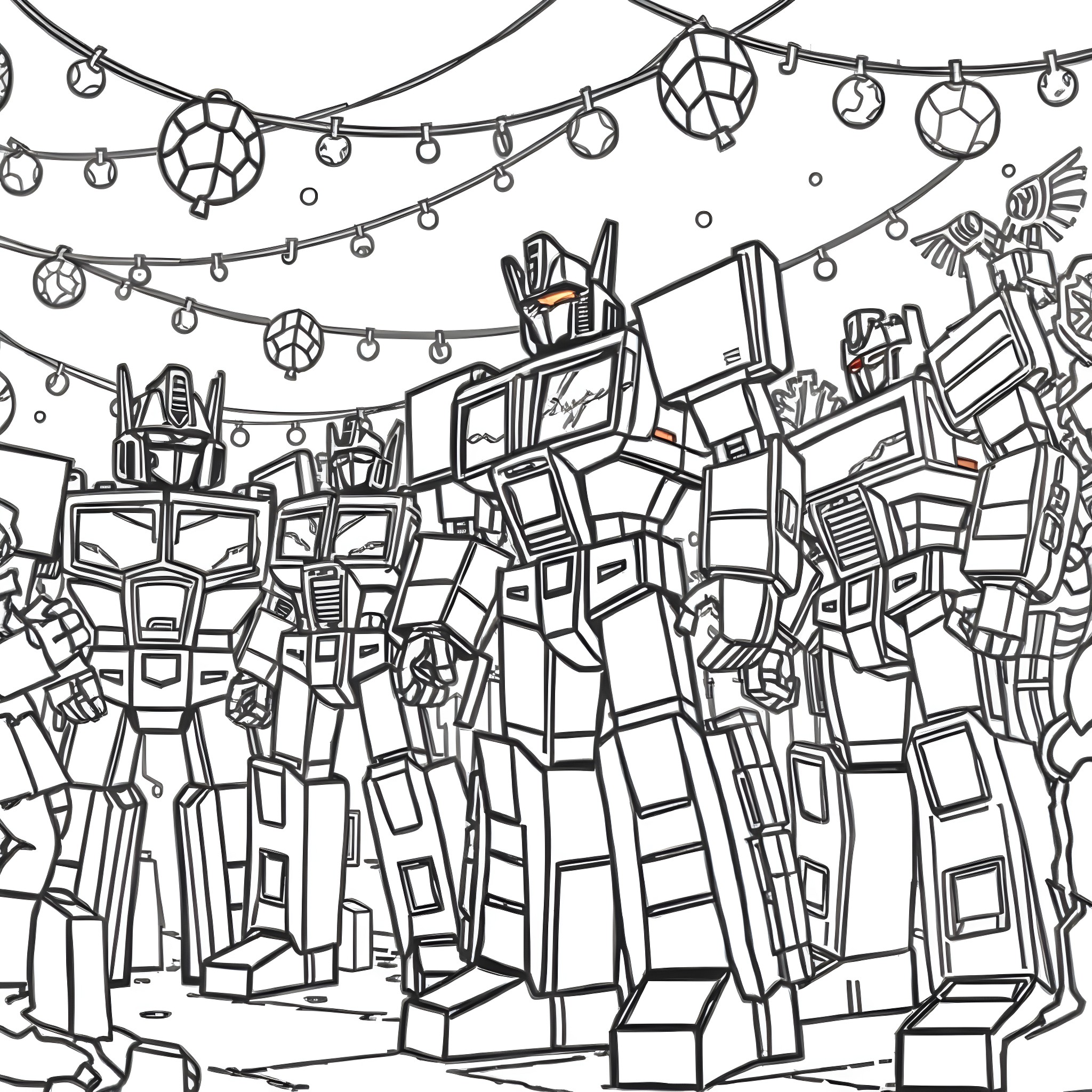 Transformer characters in a festive scene Coloring Page (free black-and-white line drawing printable PDF for all, from beginners to advanced learners, including children, teens, adults, and seniors)