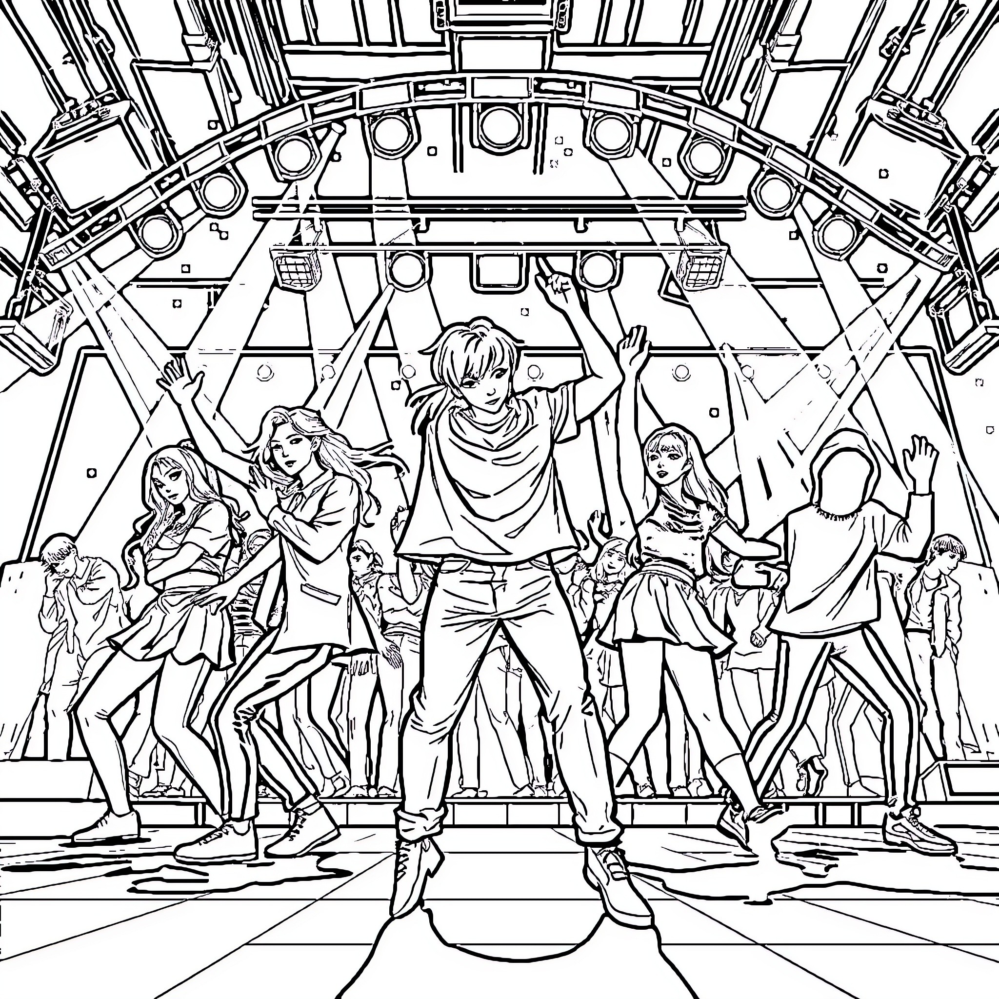 K Pop Demon Performers on Stage Coloring Page (free black-and-white line drawing printable PDF for all, from beginners to advanced learners, including children, teens, adults, and seniors)