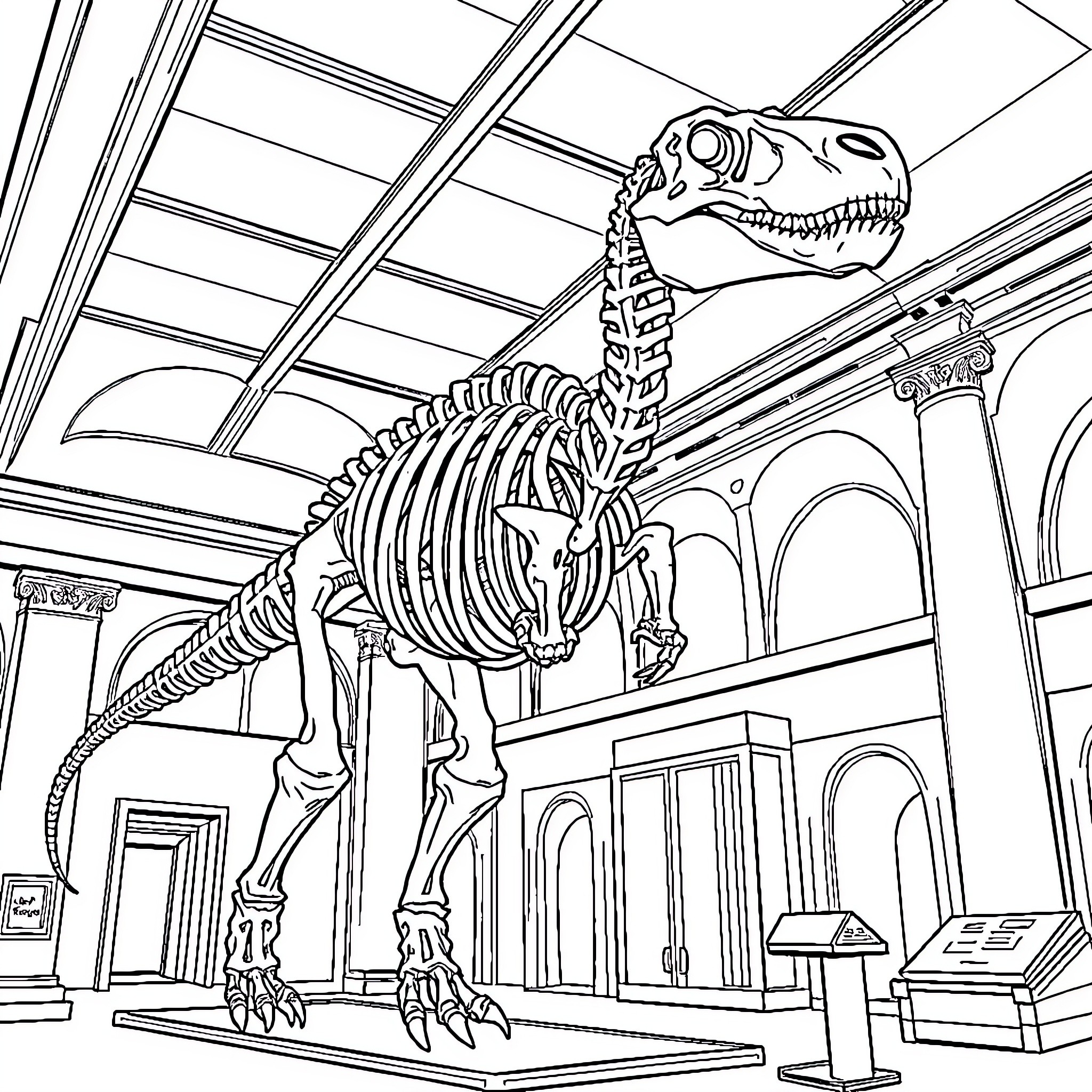 Brachiosaurus fossil skeleton exhibit in the museum Coloring Page (free black-and-white line drawing printable PDF for all, from beginners to advanced learners, including children, teens, adults, and seniors)