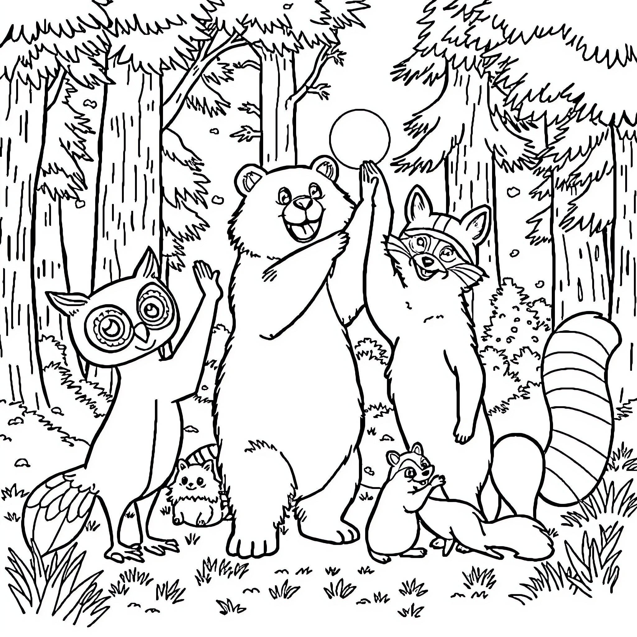 Owl family exploring the forest Coloring Page (free black-and-white line drawing printable PDF for all, from beginners to advanced learners, including children, teens, adults, and seniors)