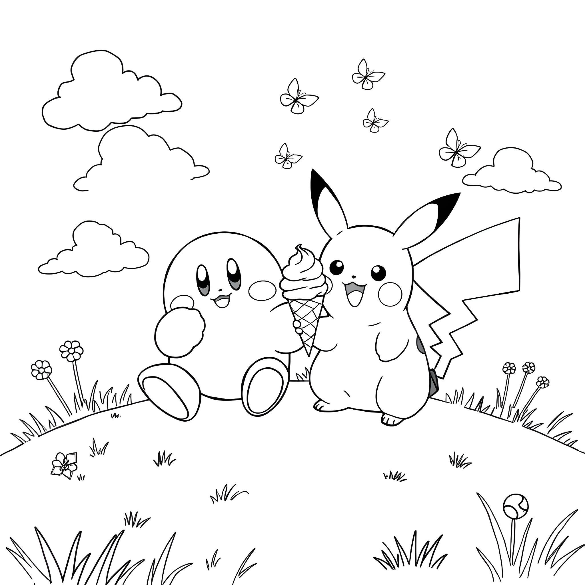 Kirby and Pikachu enjoying ice cream in a flowery meadow Coloring Page (free black-and-white line drawing printable PDF for all, from beginners to advanced learners, including children, teens, adults, and seniors)
