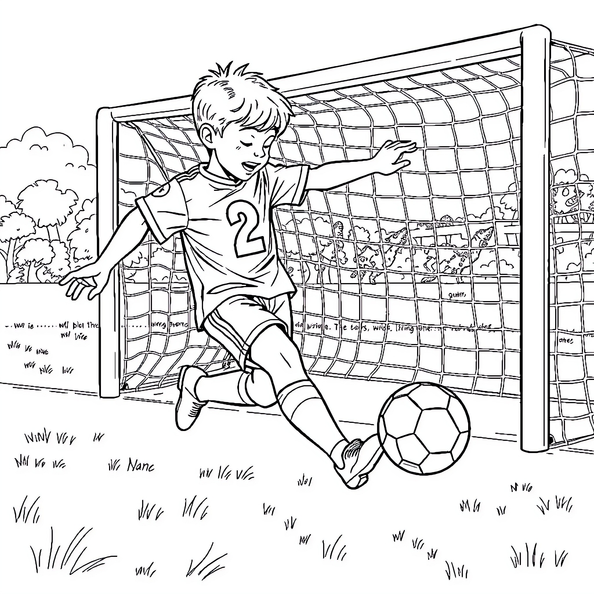Soccer player defending the goal in a match Coloring Page (free black-and-white line drawing printable PDF for all, from beginners to advanced learners, including children, teens, adults, and seniors)