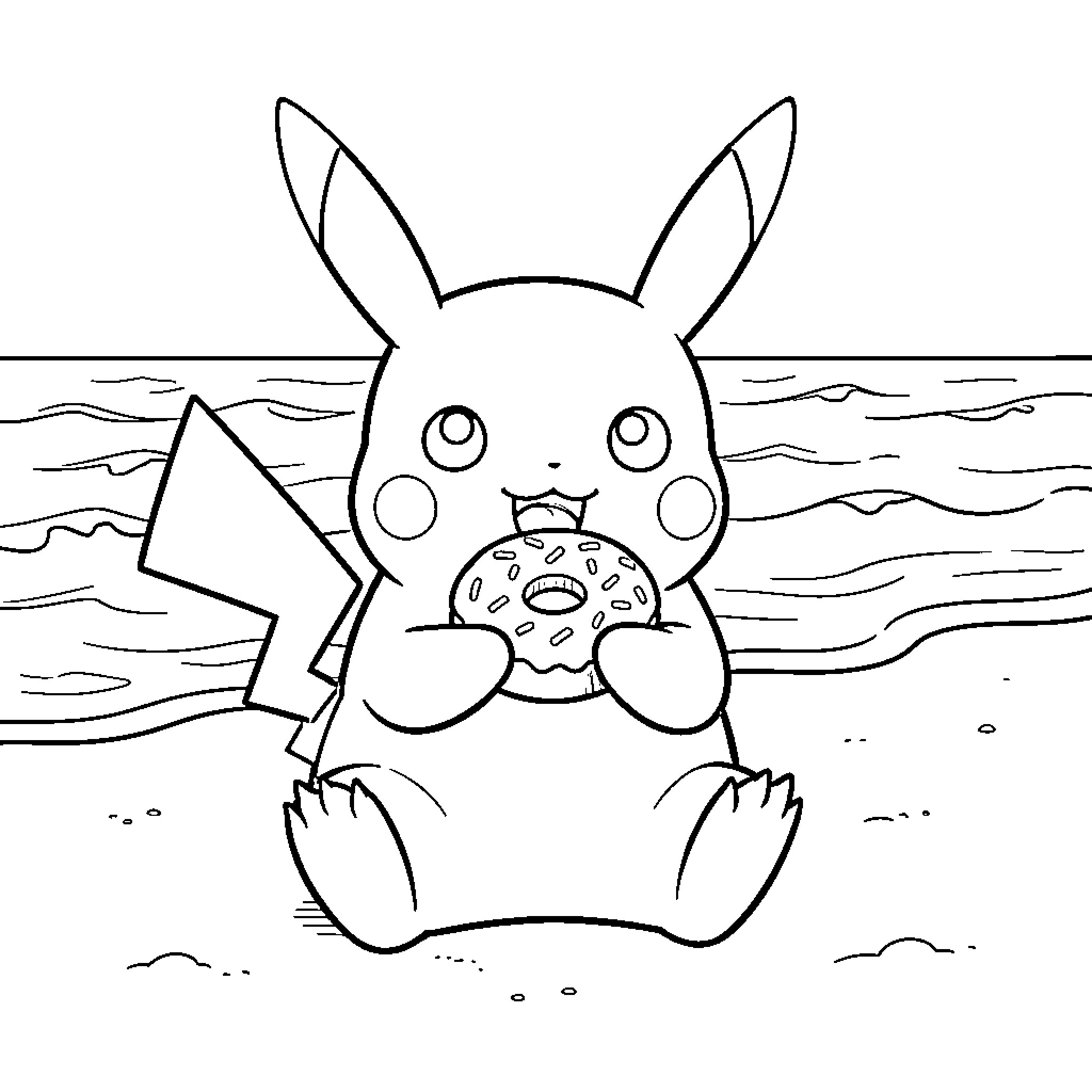 Pikachu sitting and happily eating a donut Coloring Page (free black-and-white line drawing printable PDF for all, from beginners to advanced learners, including children, teens, adults, and seniors)
