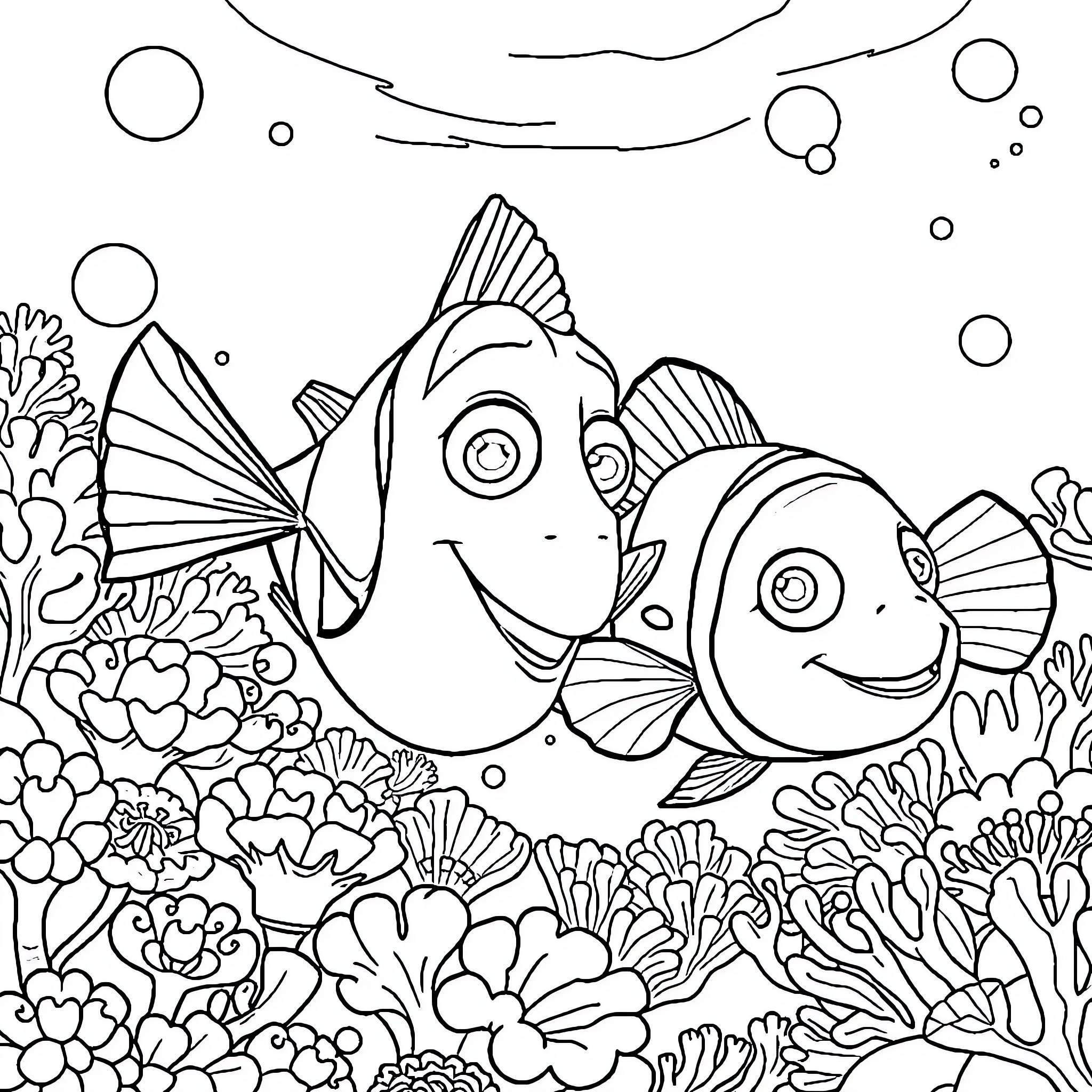 Nemo and Marlin exploring the underwater coral reef Coloring Page (free black-and-white line drawing printable PDF for all, from beginners to advanced learners, including children, teens, adults, and seniors)
