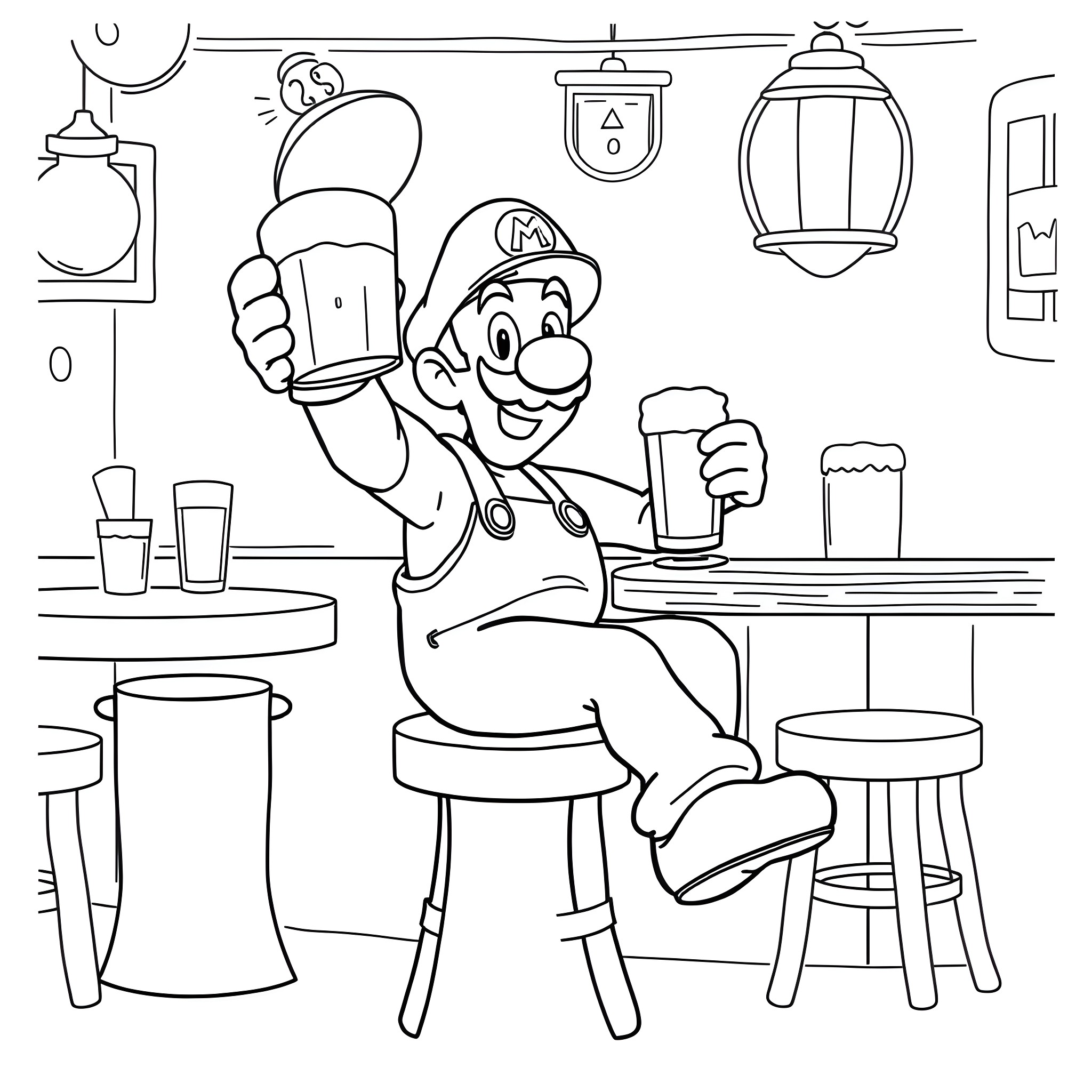Luigi enjoying a drink at the bar Coloring Page (free black-and-white line drawing printable PDF for all, from beginners to advanced learners, including children, teens, adults, and seniors)