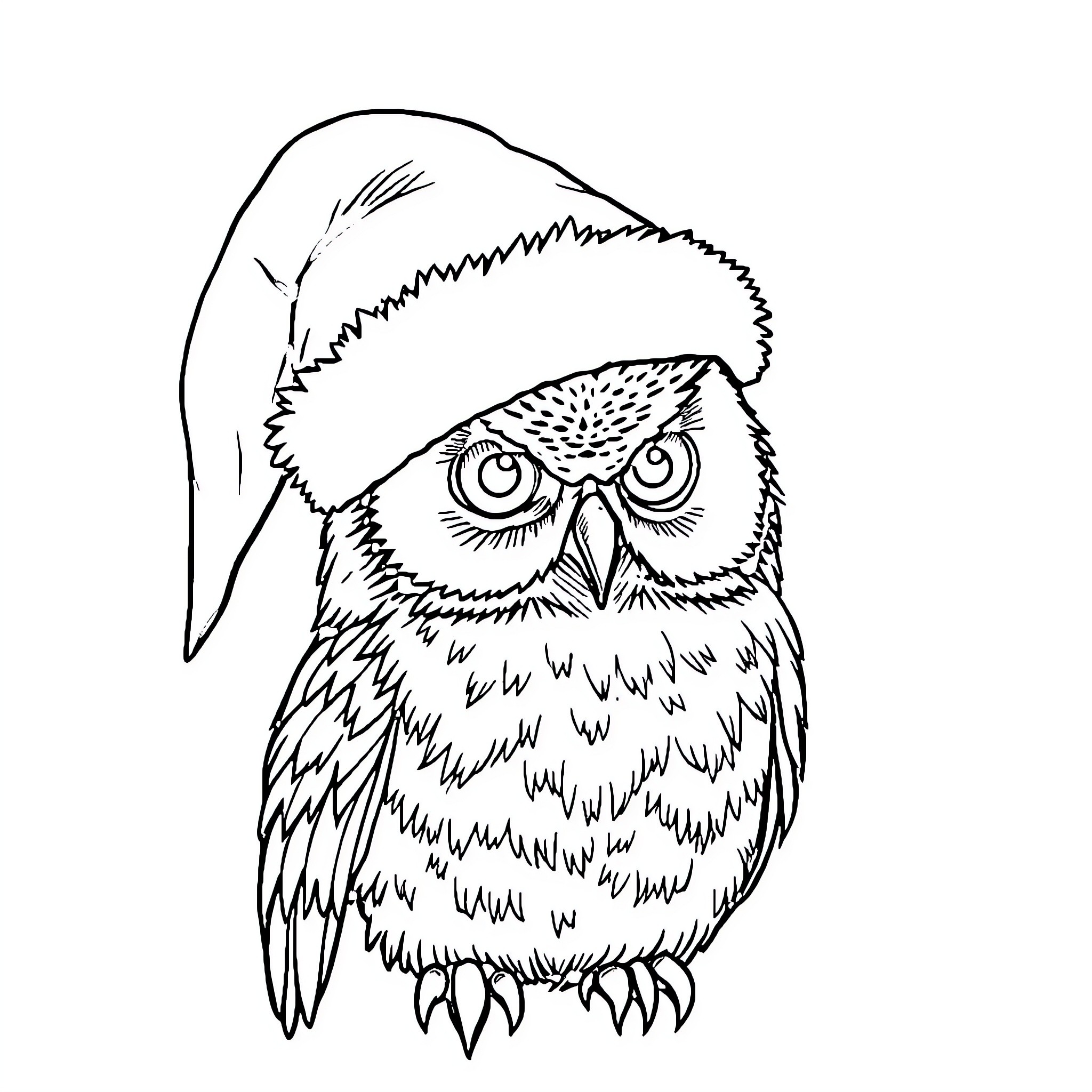 Owl wearing festive headgear Coloring Page (free black-and-white line drawing printable PDF for all, from beginners to advanced learners, including children, teens, adults, and seniors)