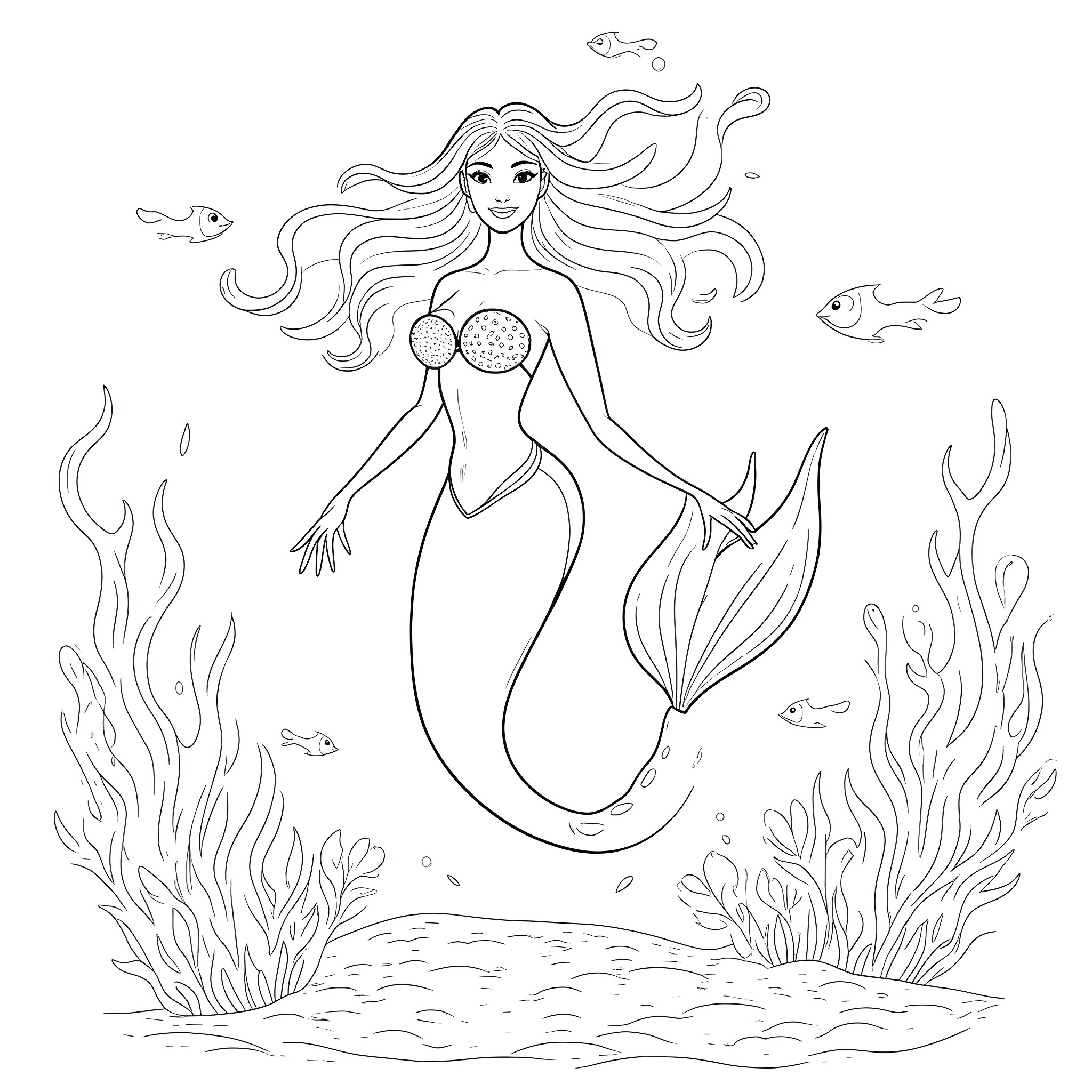 Mermaid swimming gracefully in the ocean Coloring Page (free black-and-white line drawing printable PDF for all, from beginners to advanced learners, including children, teens, adults, and seniors)