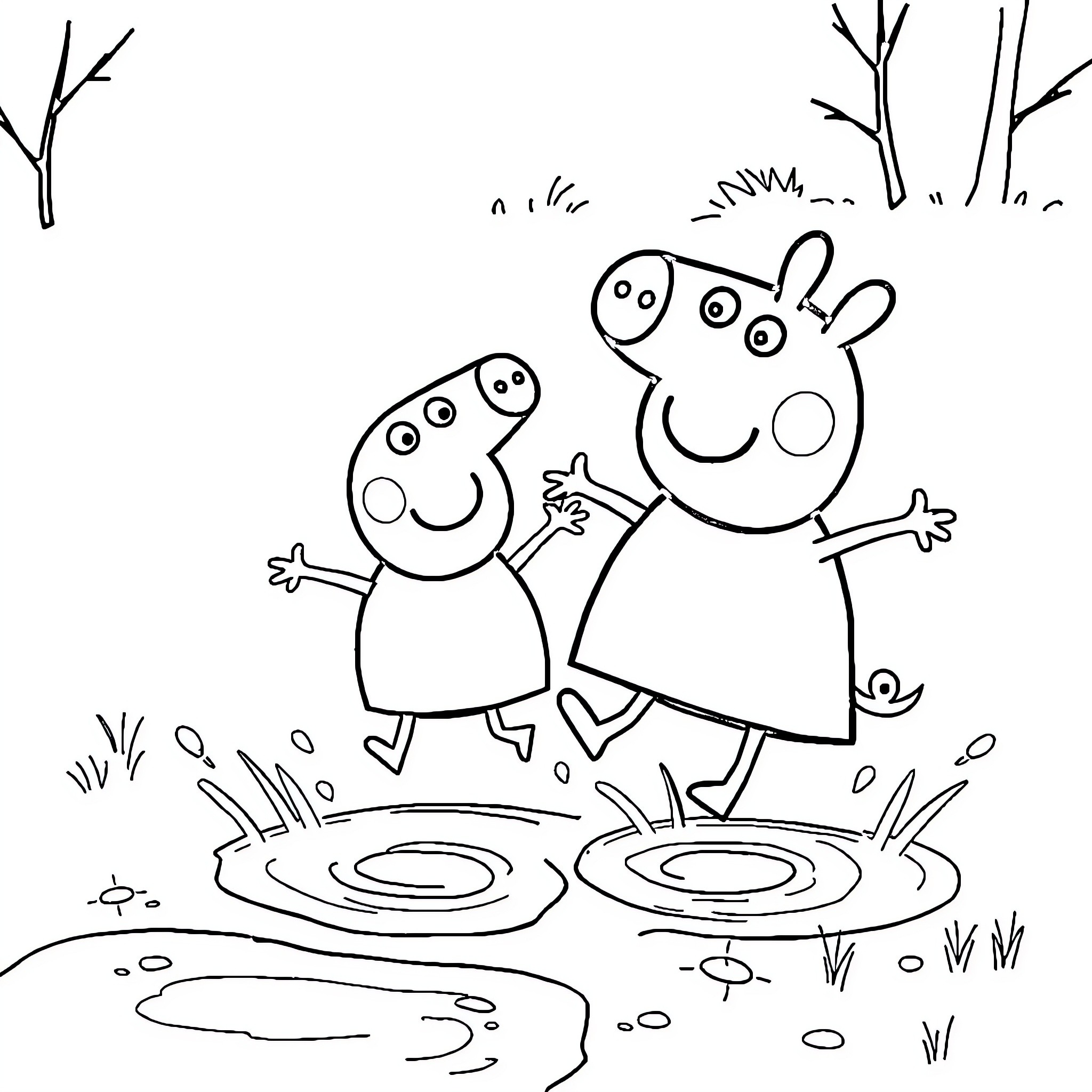 Peppa Pig and friends playing in the mud Coloring Page (free black-and-white line drawing printable PDF for all, from beginners to advanced learners, including children, teens, adults, and seniors)