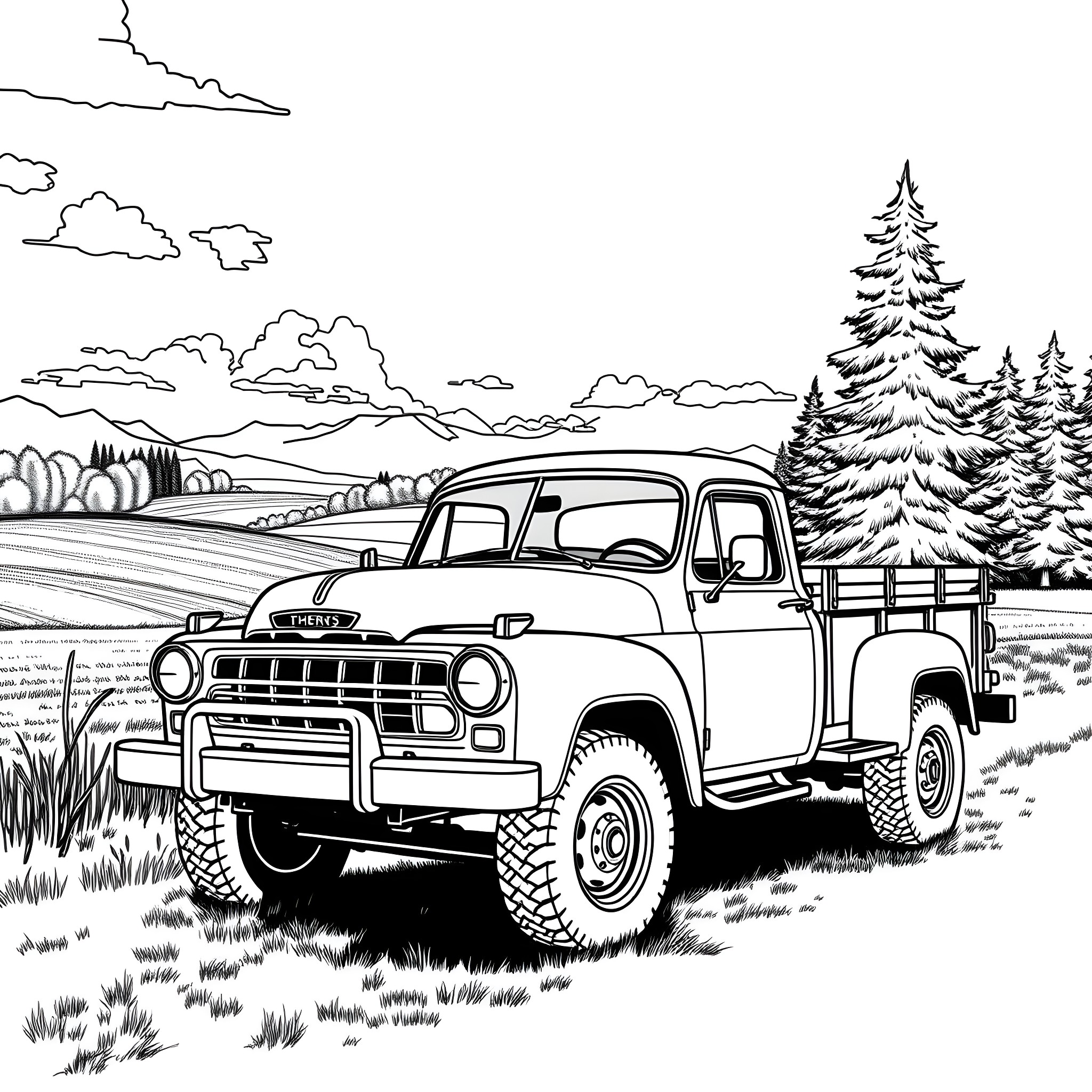 Truck driving through snowy landscape Coloring Page (free black-and-white line drawing printable PDF for all, from beginners to advanced learners, including children, teens, adults, and seniors)