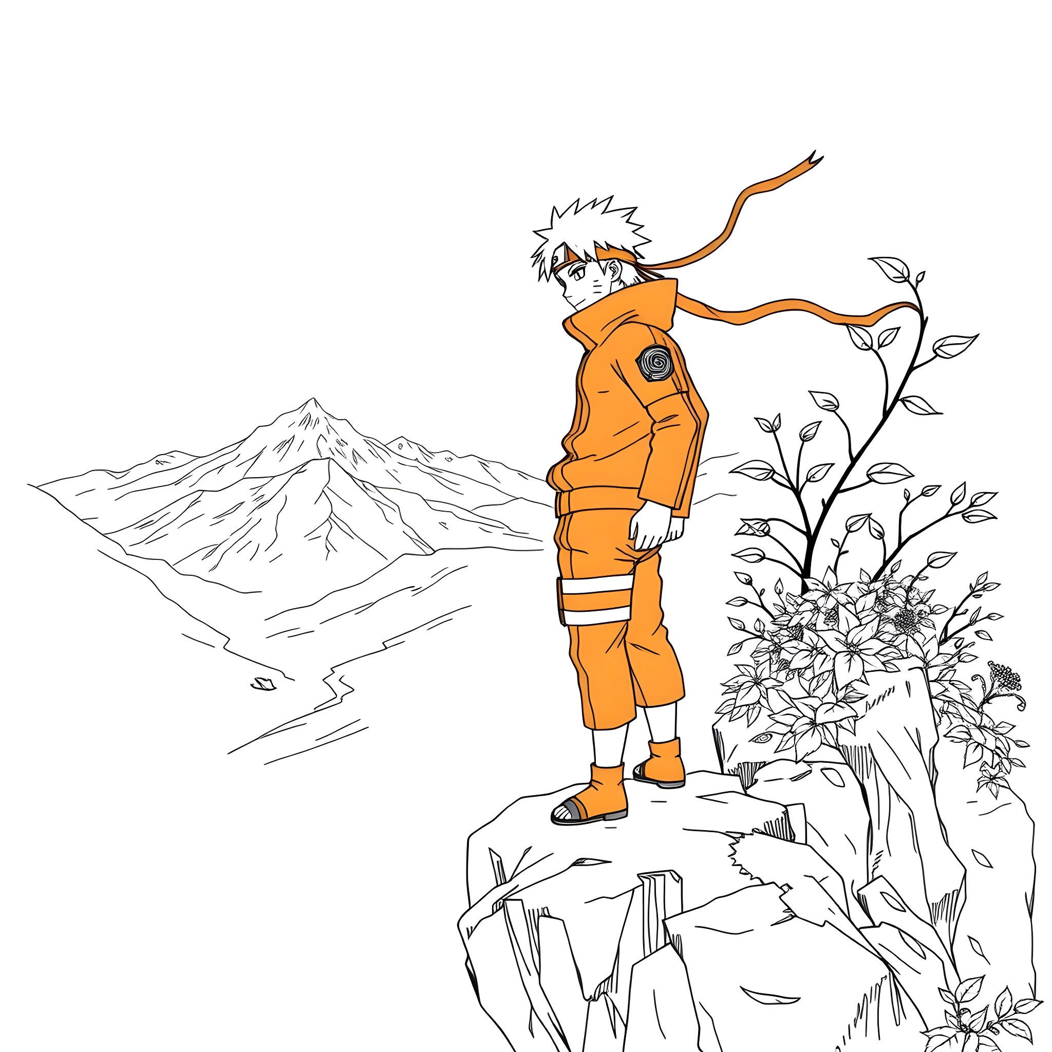 Naruto Ninja Overlooking Scenic Mountain Landscape Coloring Page (free black-and-white line drawing printable PDF for all, from beginners to advanced learners, including children, teens, adults, and seniors)
