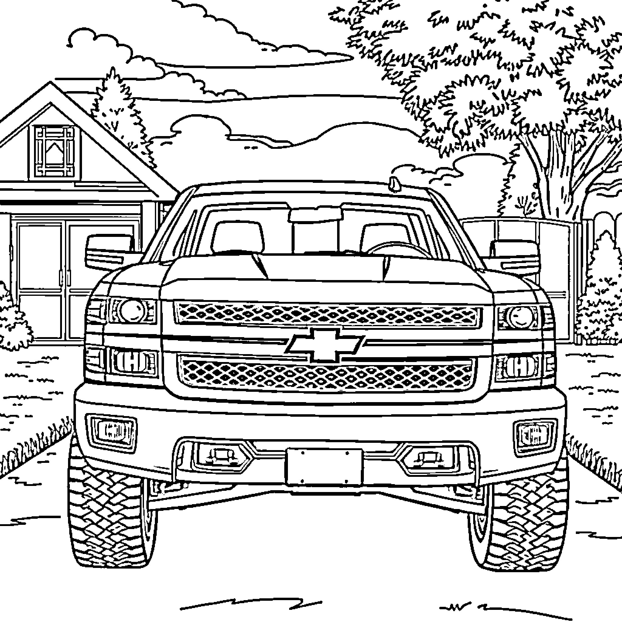 Chevrolet Truck in a Countryside Landscape Coloring Page (free black-and-white line drawing printable PDF for all, from beginners to advanced learners, including children, teens, adults, and seniors)