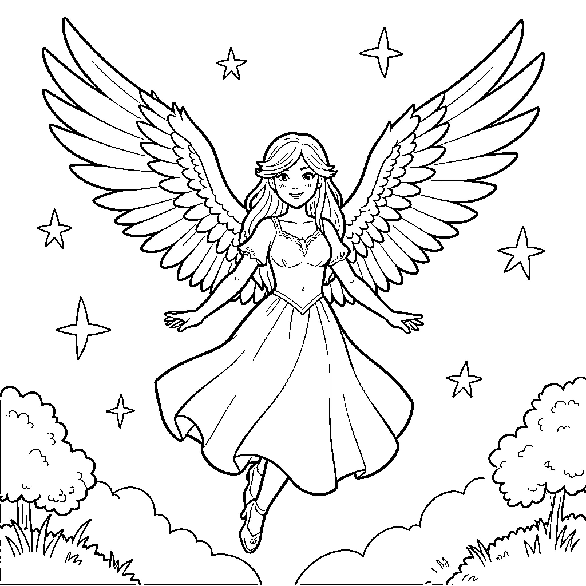 Fairy with large wings flying among the stars Coloring Page (free black-and-white line drawing printable PDF for all, from beginners to advanced learners, including children, teens, adults, and seniors)