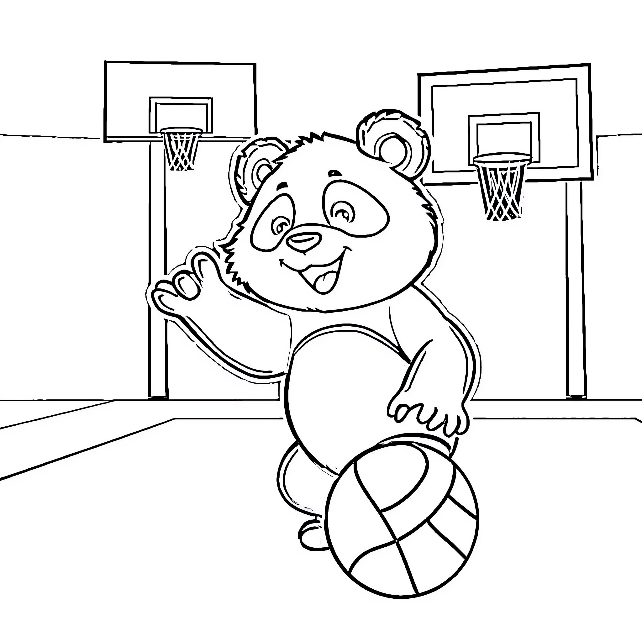 Panda playing with a basketball on the court Coloring Page (free black-and-white line drawing printable PDF for all, from beginners to advanced learners, including children, teens, adults, and seniors)