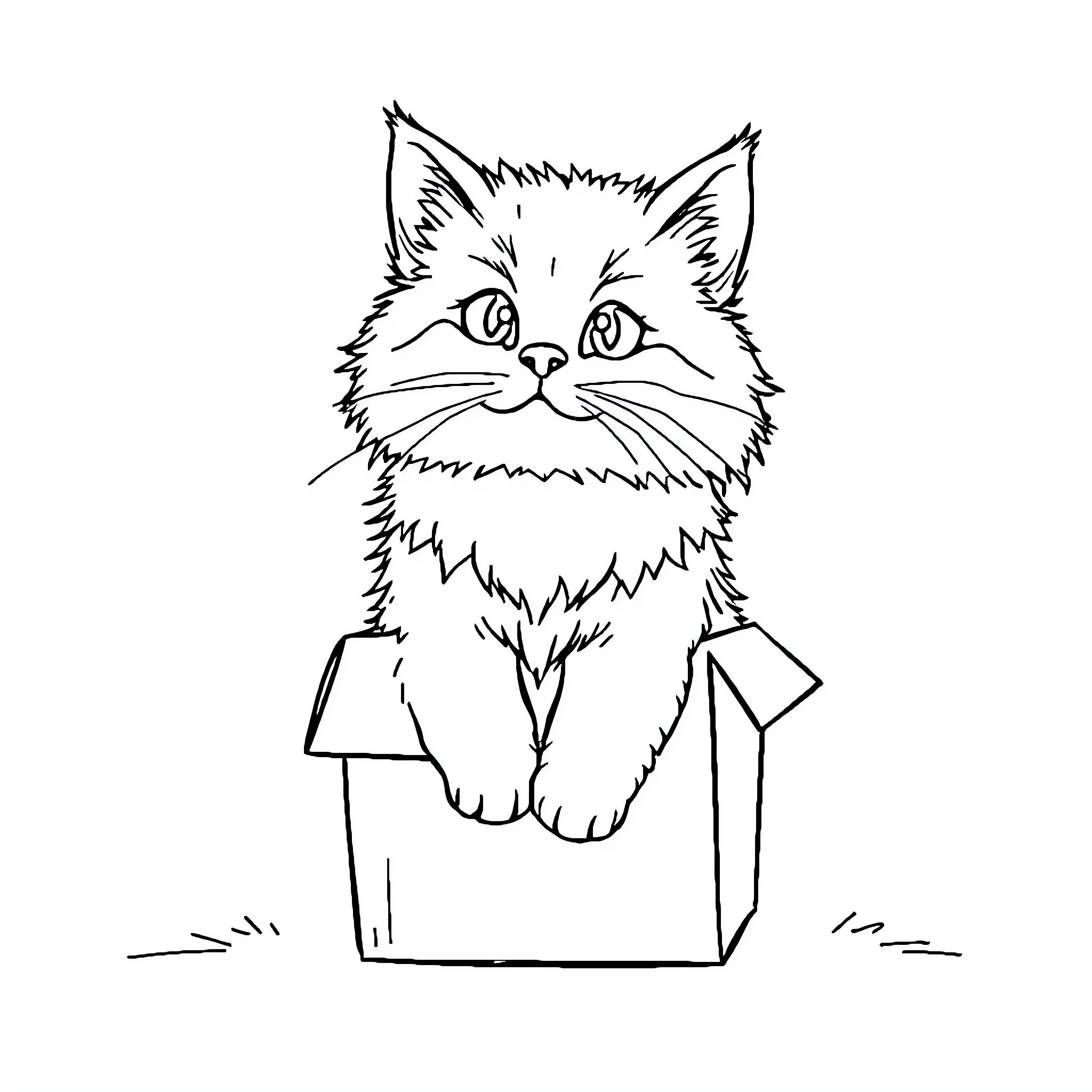 Cat in a Box Coloring Page (free black-and-white line drawing printable PDF for all, from beginners to advanced learners, including children, teens, adults, and seniors)