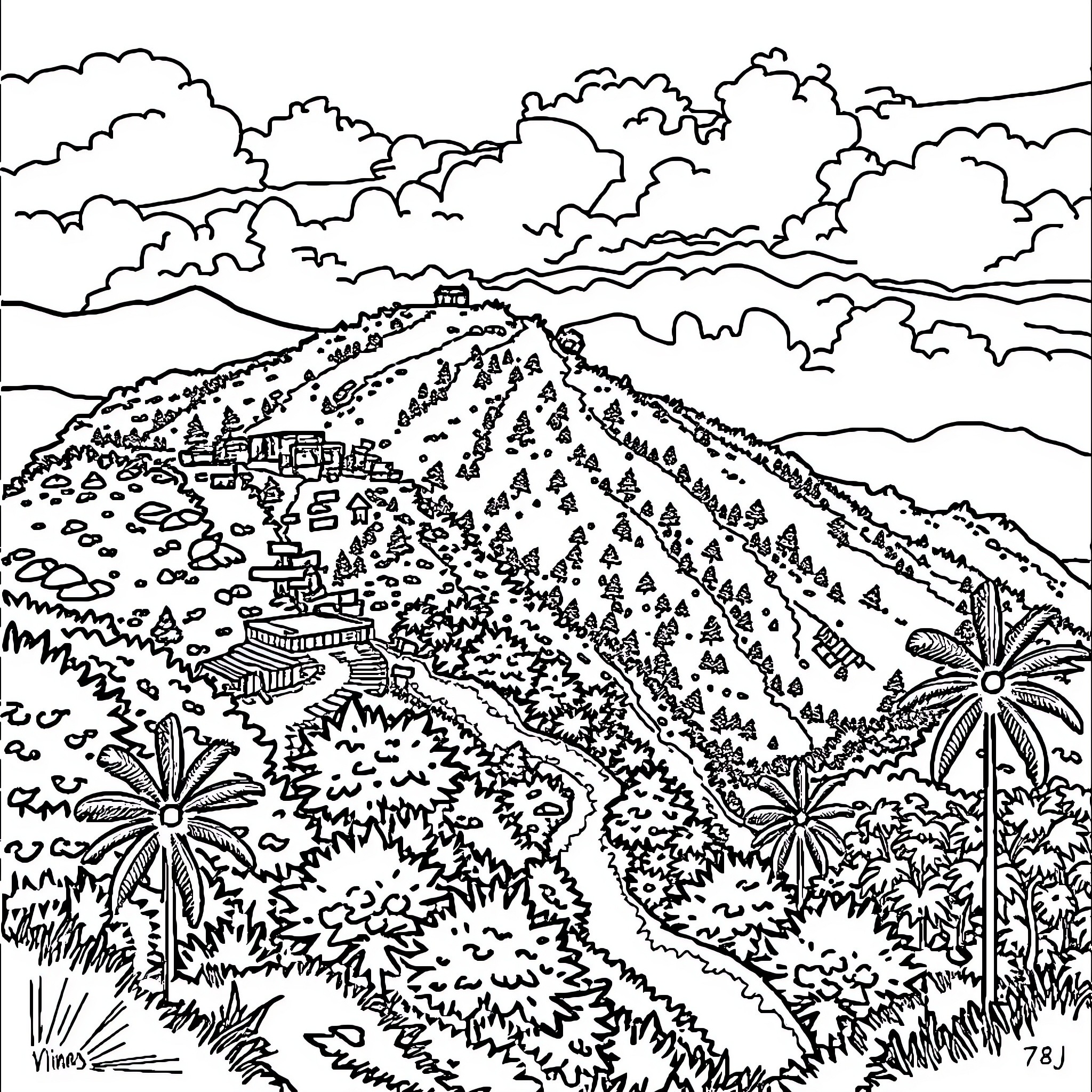 Travel through a lush mountain landscape Coloring Page (free black-and-white line drawing printable PDF for all, from beginners to advanced learners, including children, teens, adults, and seniors)