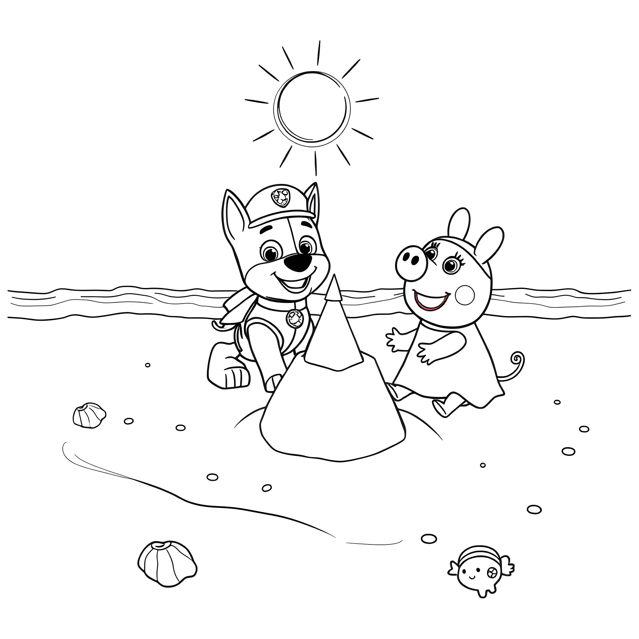 Paw Patrol characters playing at the beach Coloring Page (free black-and-white line drawing printable PDF for all, from beginners to advanced learners, including children, teens, adults, and seniors)