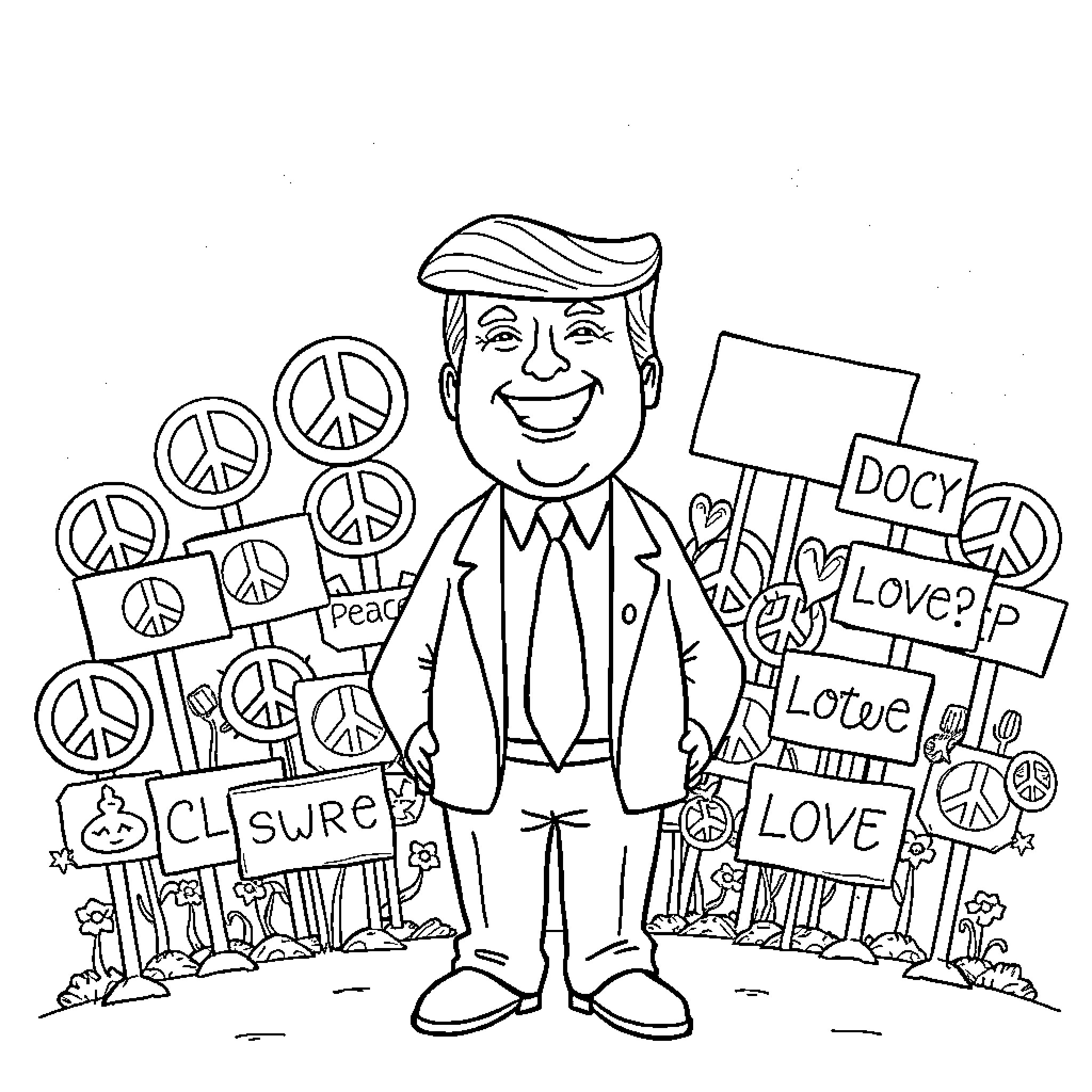 Trump's Peace and Love Protest Rally Coloring Page (free black-and-white line drawing printable PDF for all, from beginners to advanced learners, including children, teens, adults, and seniors)