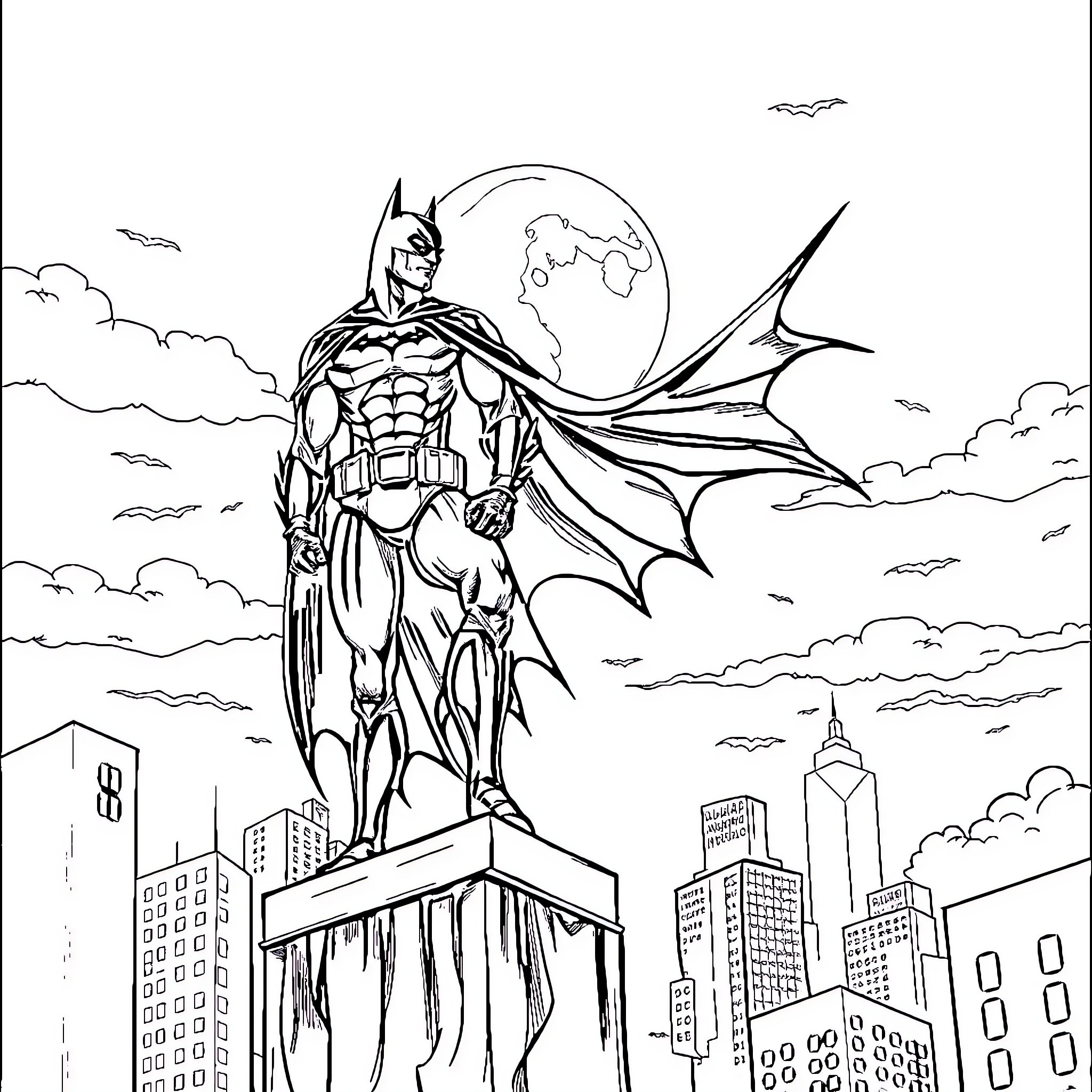 Batman standing tall against the city skyline Coloring Page (free black-and-white line drawing printable PDF for all, from beginners to advanced learners, including children, teens, adults, and seniors)