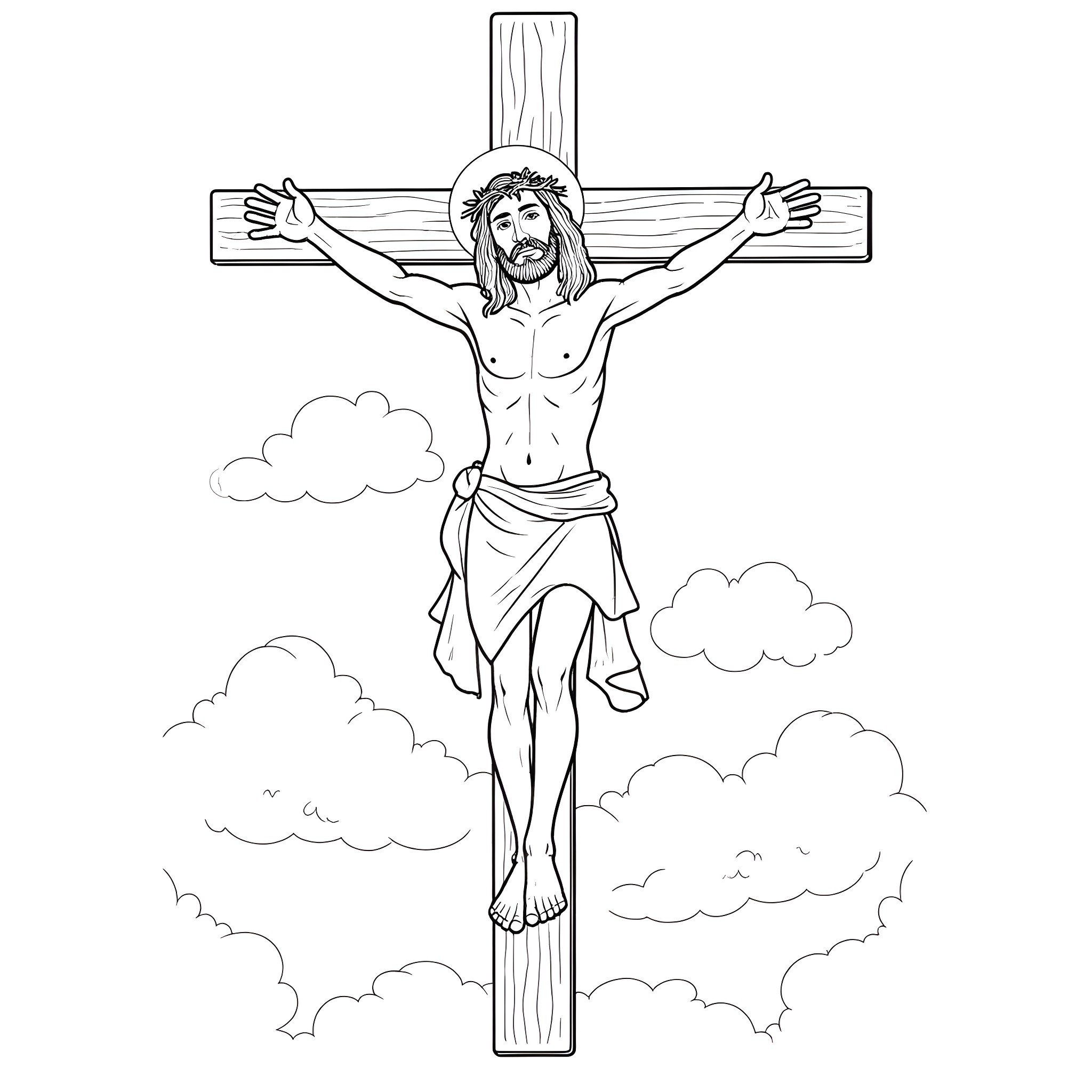 Jesus crucified on the cross surrounded by clouds Coloring Page (free black-and-white line drawing printable PDF for all, from beginners to advanced learners, including children, teens, adults, and seniors)