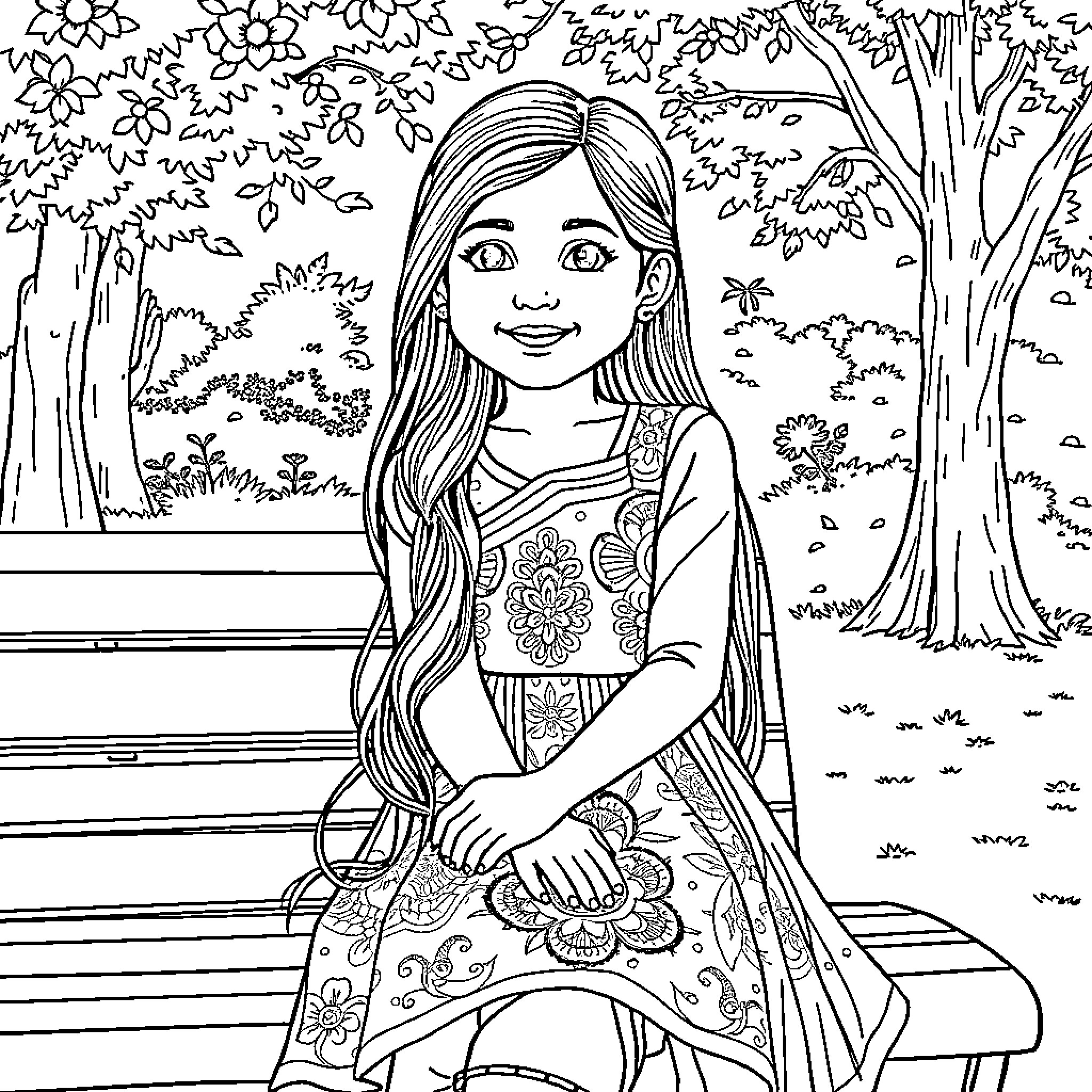 Girl sitting on park bench in floral dress Coloring Page (free black-and-white line drawing printable PDF for all, from beginners to advanced learners, including children, teens, adults, and seniors)