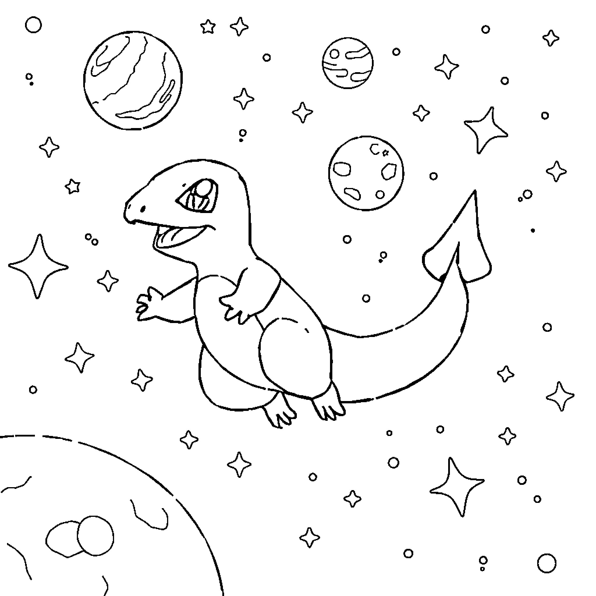 Charmander exploring the cosmic landscape Coloring Page (free black-and-white line drawing printable PDF for all, from beginners to advanced learners, including children, teens, adults, and seniors)