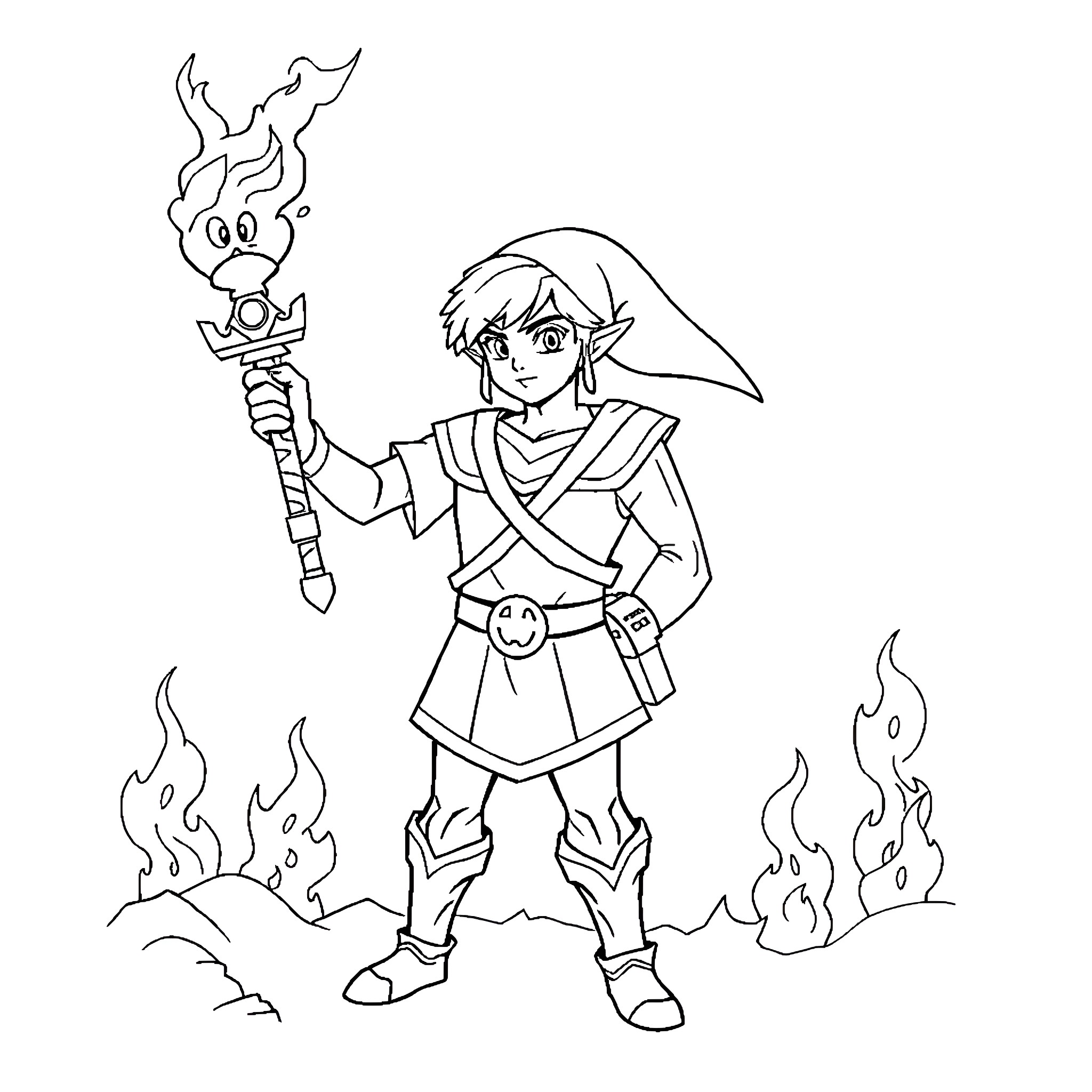 Link battling with magical staff and flames Coloring Page (free black-and-white line drawing printable PDF for all, from beginners to advanced learners, including children, teens, adults, and seniors)