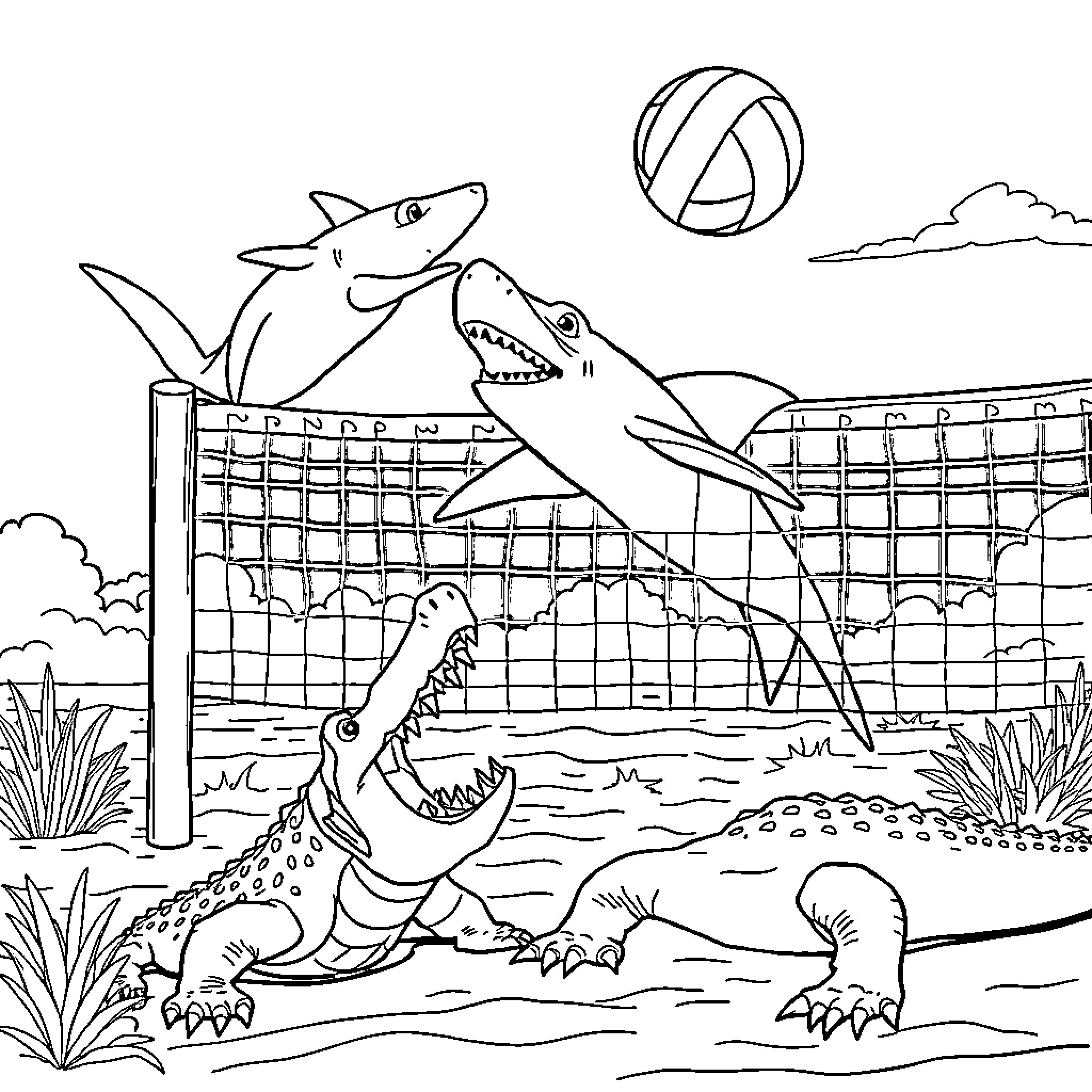 Shark playing volleyball in the ocean Coloring Page (free black-and-white line drawing printable PDF for all, from beginners to advanced learners, including children, teens, adults, and seniors)