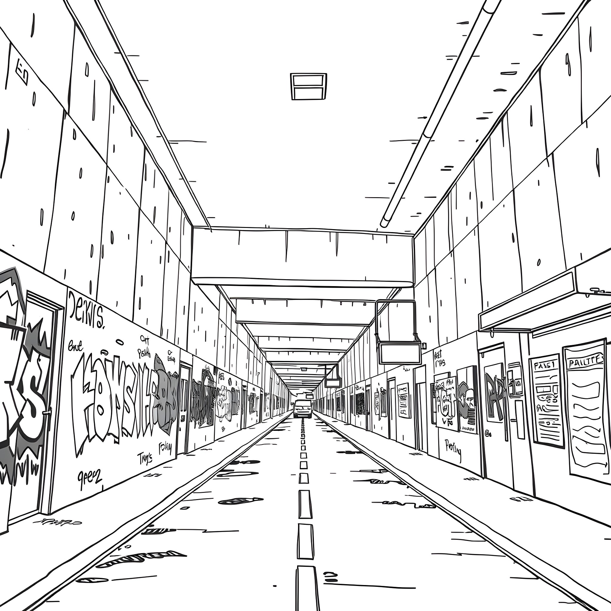 Underpass with Graffiti-Covered Walls Coloring Page (free black-and-white line drawing printable PDF for all, from beginners to advanced learners, including children, teens, adults, and seniors)