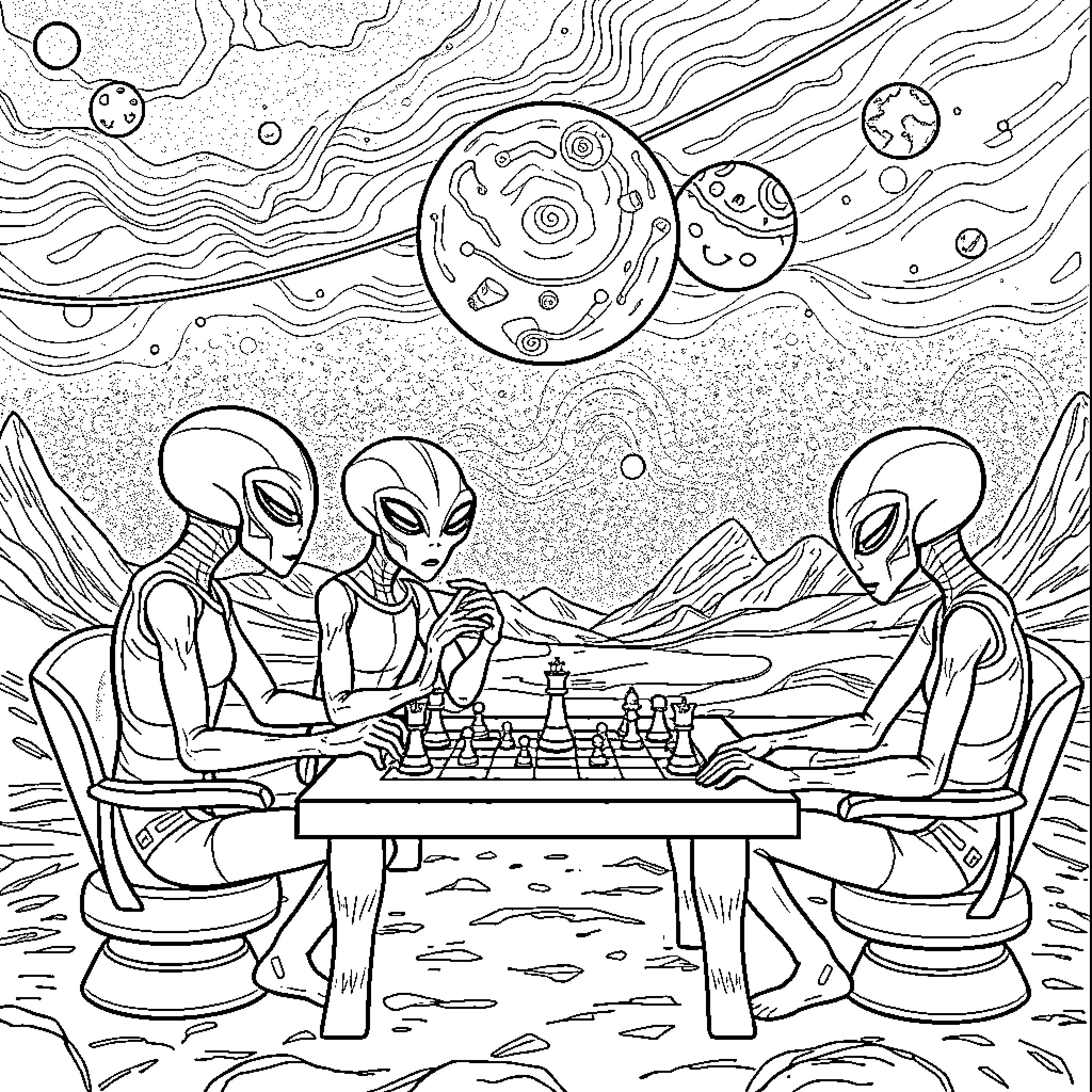 Martian aliens playing chess in an extraterrestrial landscape Coloring Page (free black-and-white line drawing printable PDF for all, from beginners to advanced learners, including children, teens, adults, and seniors)