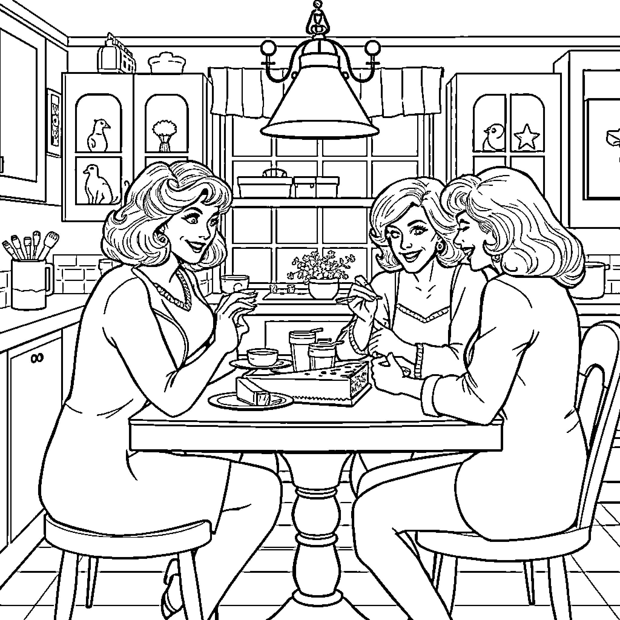 Golden Girls Dining Together in Cozy Kitchen Coloring Page (free black-and-white line drawing printable PDF for all, from beginners to advanced learners, including children, teens, adults, and seniors)