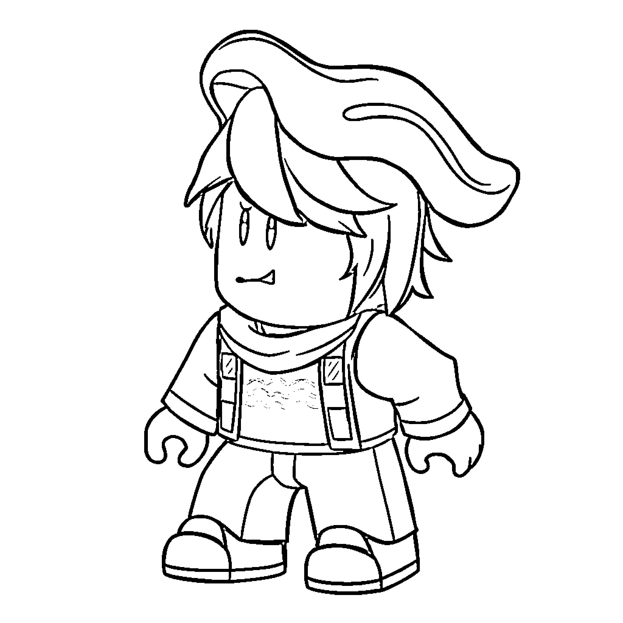 Roblox character with adventurous outfit and hairstyle Coloring Page (free black-and-white line drawing printable PDF for all, from beginners to advanced learners, including children, teens, adults, and seniors)