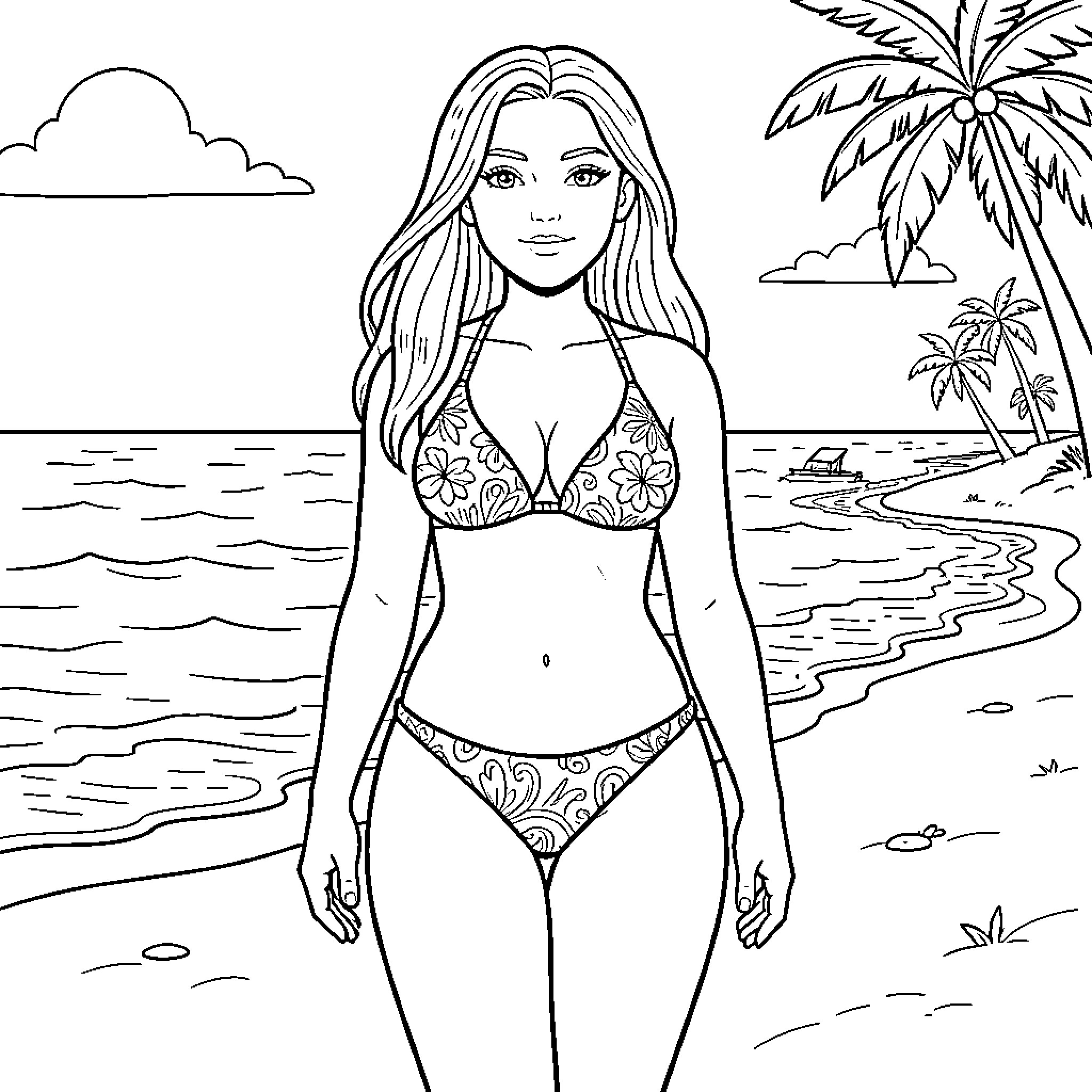 Bikini Girl Posing on a Tropical Beach Coloring Page (free black-and-white line drawing printable PDF for all, from beginners to advanced learners, including children, teens, adults, and seniors)