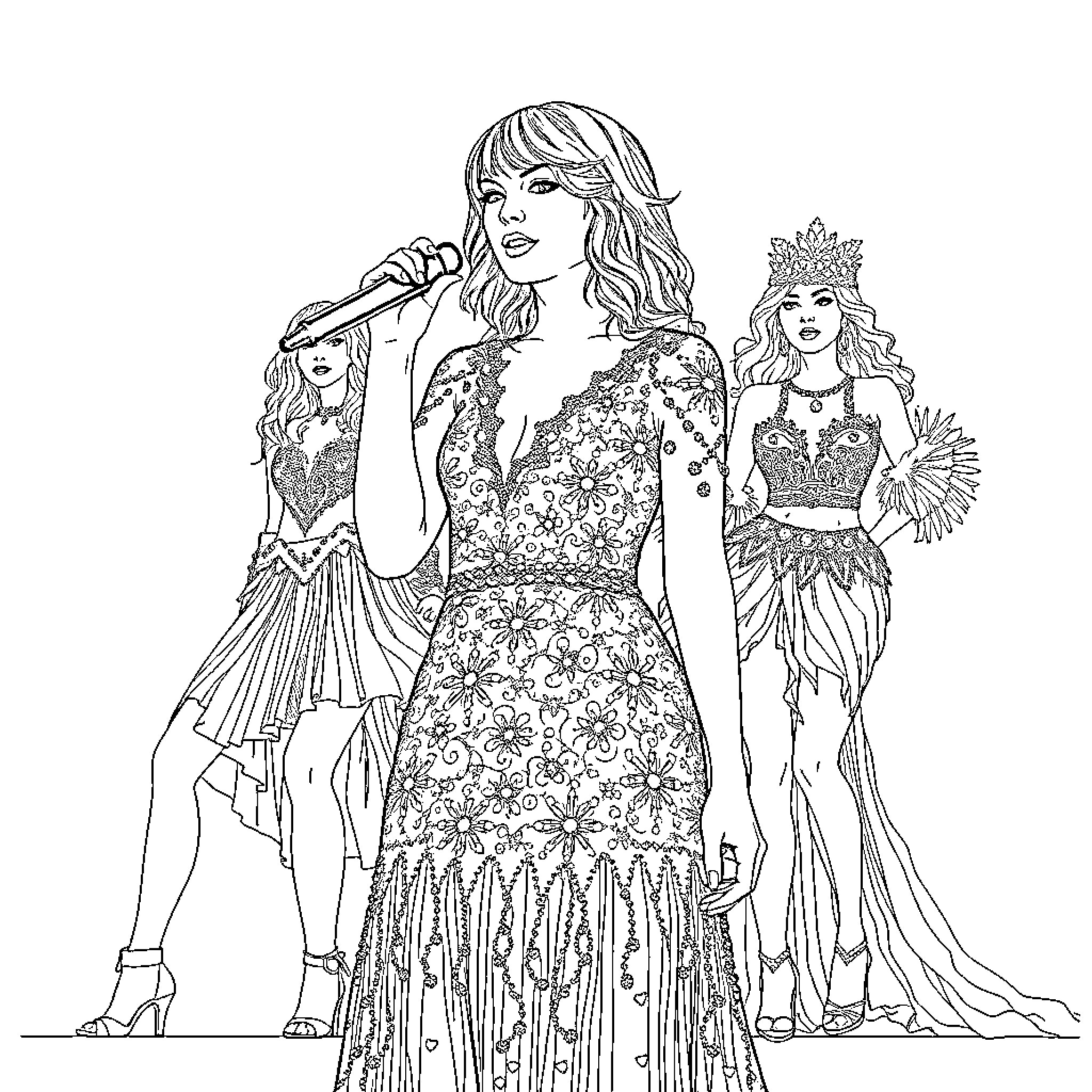 Taylor Swift Performing on Stage with Backup Dancers Coloring Page (free black-and-white line drawing printable PDF for all, from beginners to advanced learners, including children, teens, adults, and seniors)