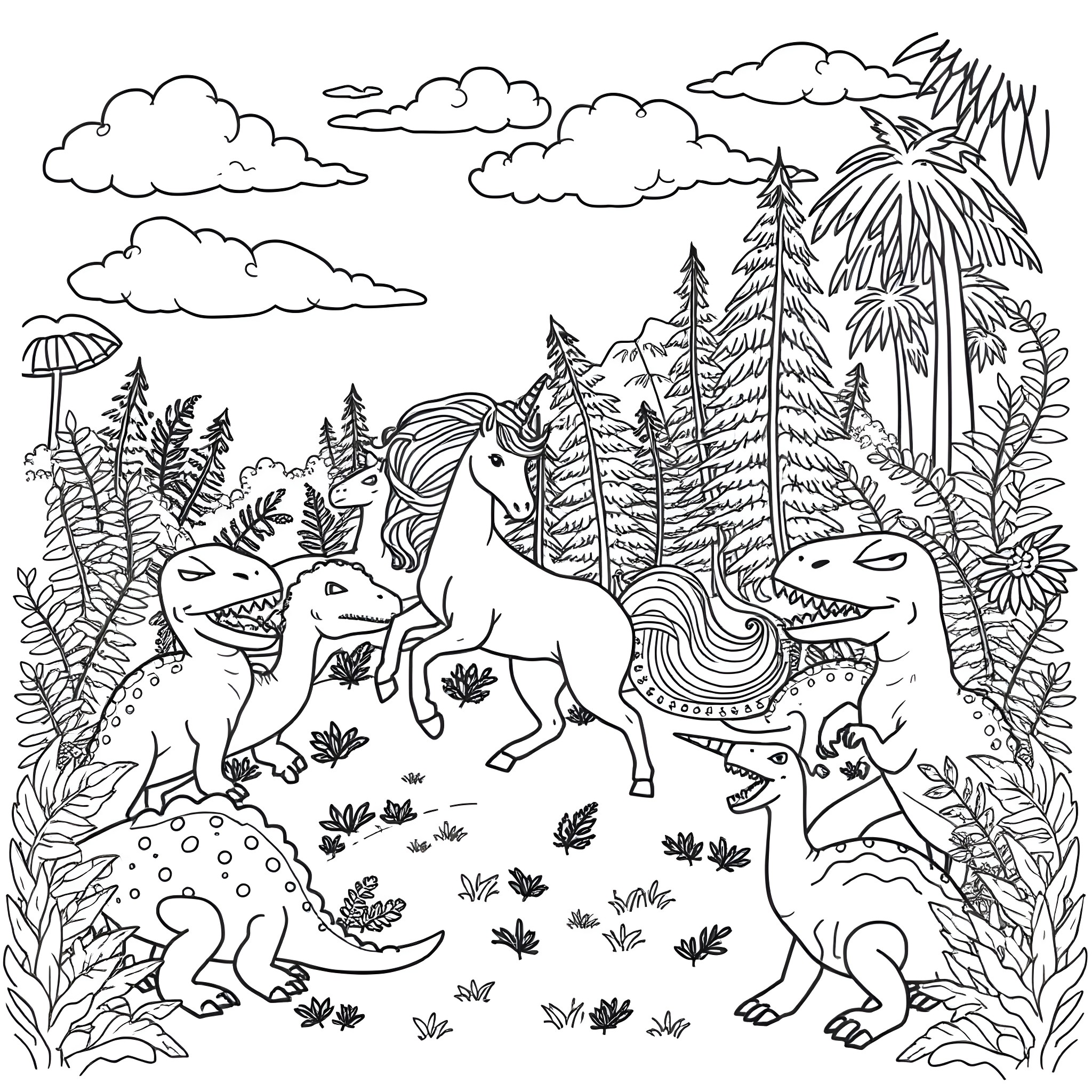 Unicorn and Dinosaurs in Magical Forest Coloring Page (free black-and-white line drawing printable PDF for all, from beginners to advanced learners, including children, teens, adults, and seniors)