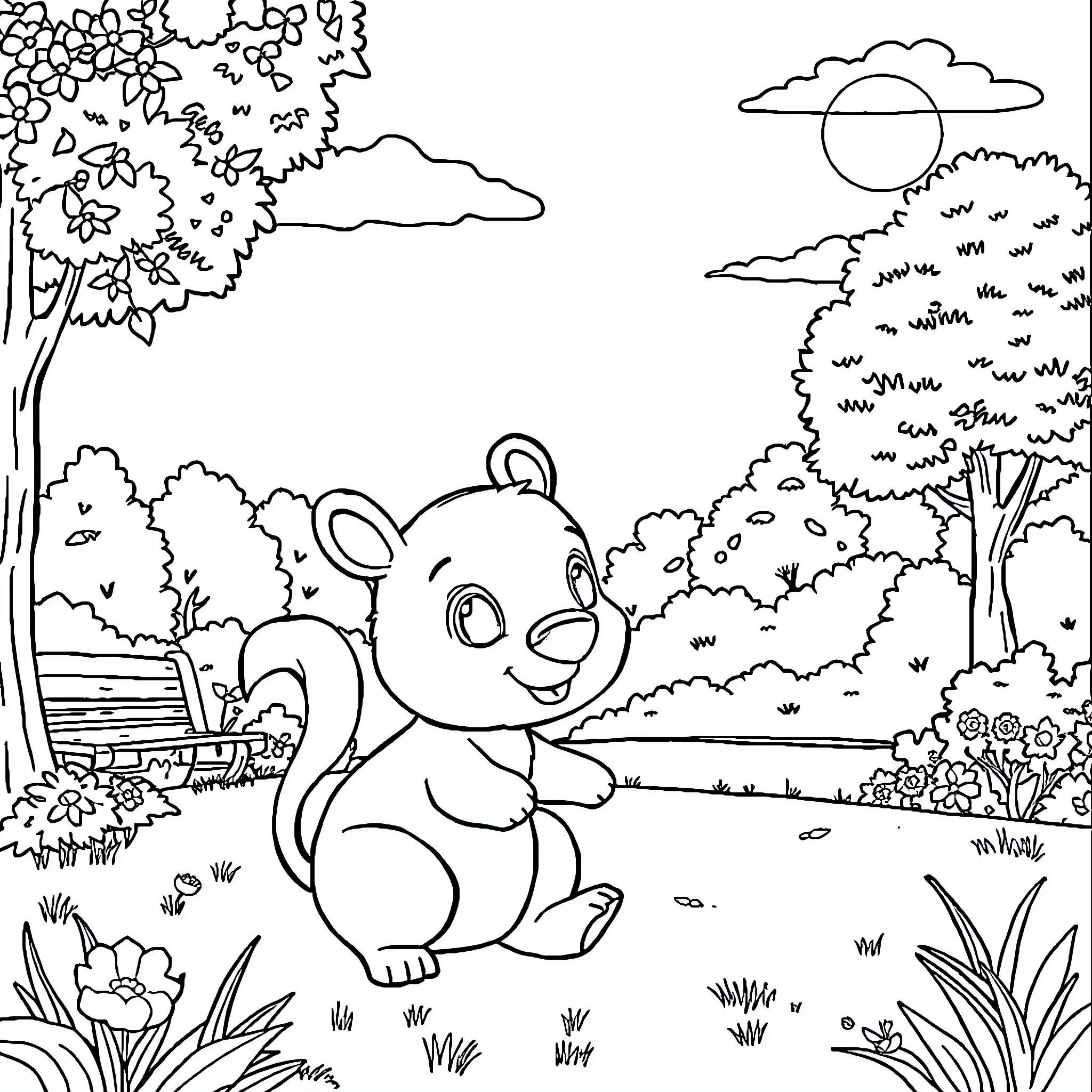 Animal playing in a serene nature landscape Coloring Page (free black-and-white line drawing printable PDF for all, from beginners to advanced learners, including children, teens, adults, and seniors)