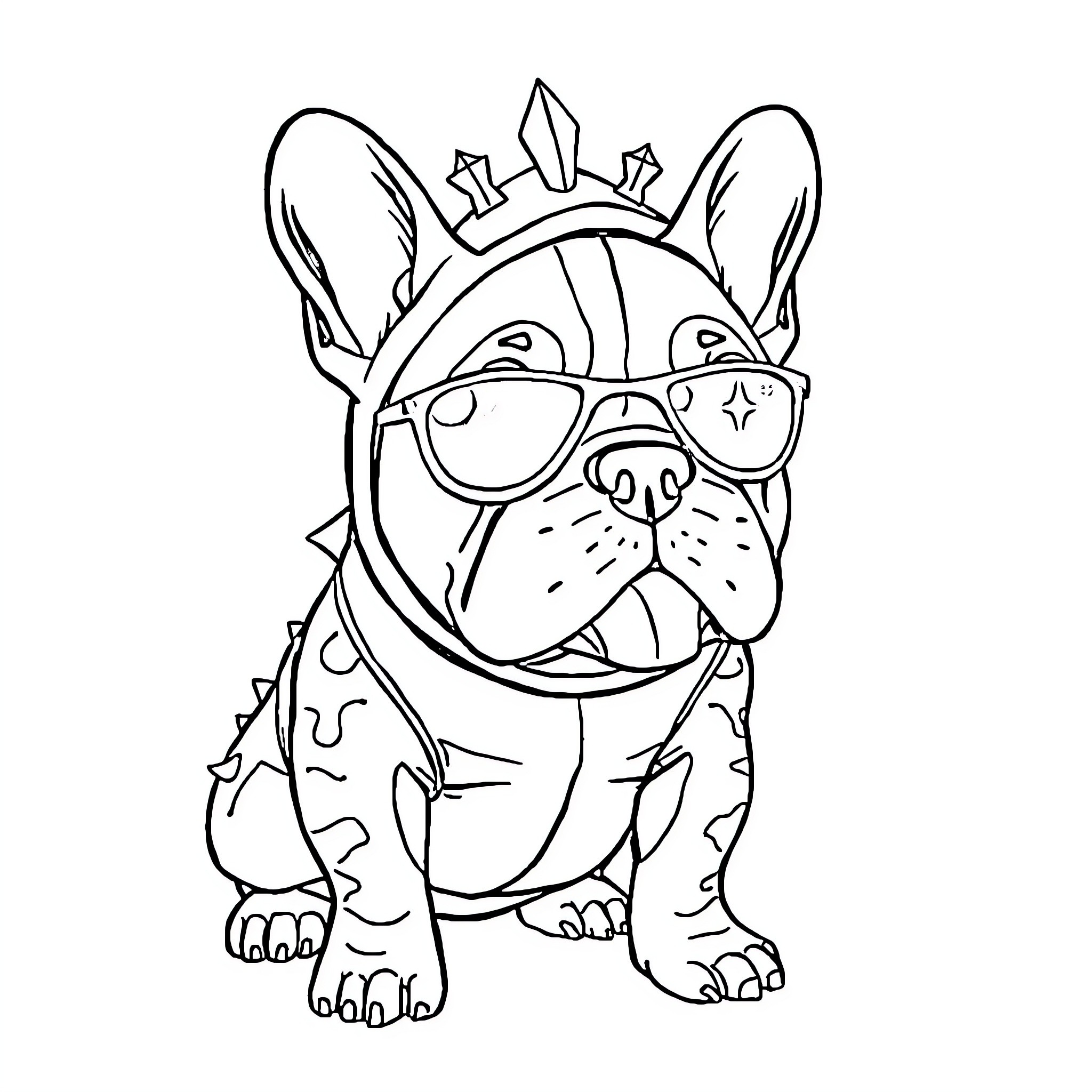 Bulldog wearing a crown and sunglasses Coloring Page (free black-and-white line drawing printable PDF for all, from beginners to advanced learners, including children, teens, adults, and seniors)