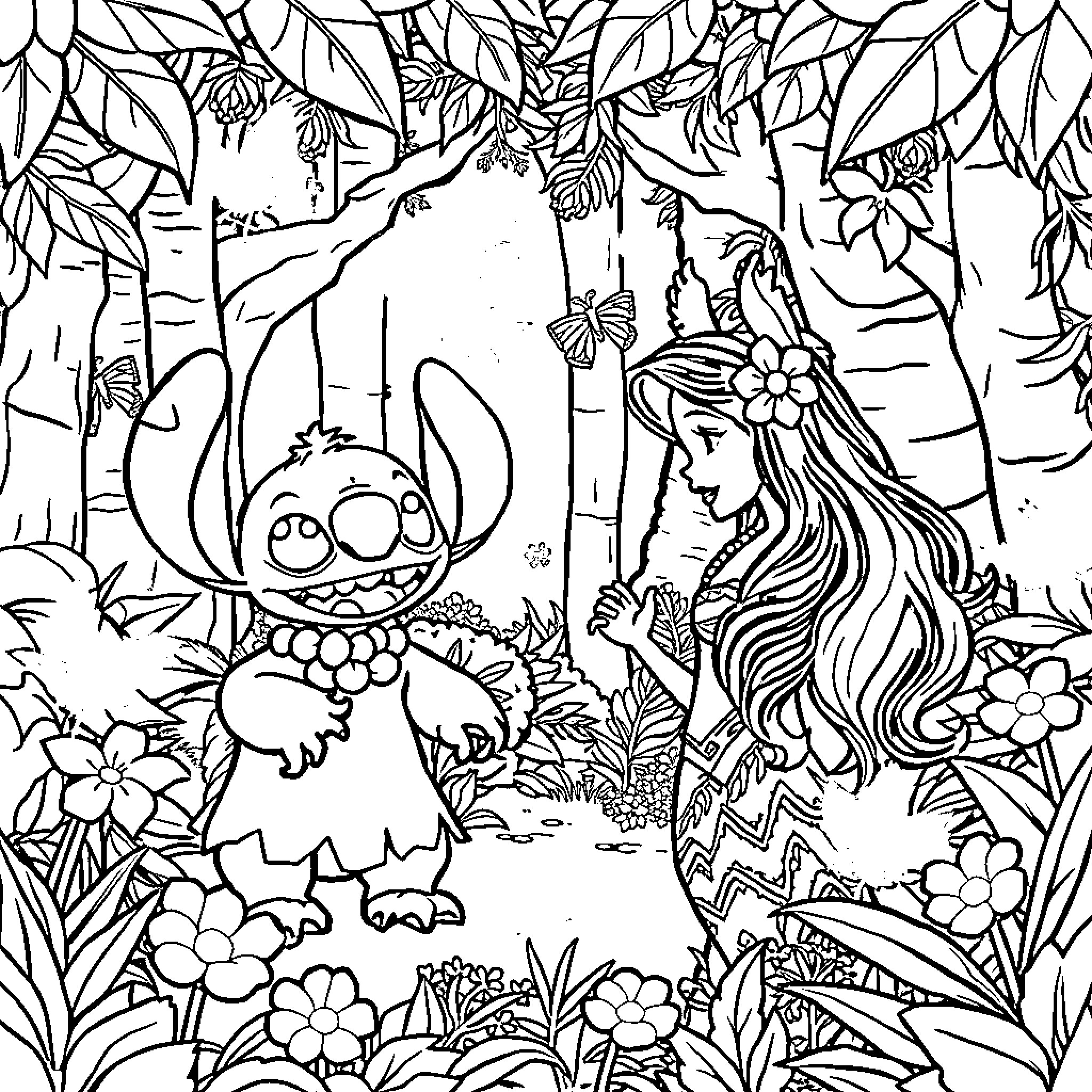 Lilo And Stitch Exploring the Enchanted Forest Coloring Page (free black-and-white line drawing printable PDF for all, from beginners to advanced learners, including children, teens, adults, and seniors)