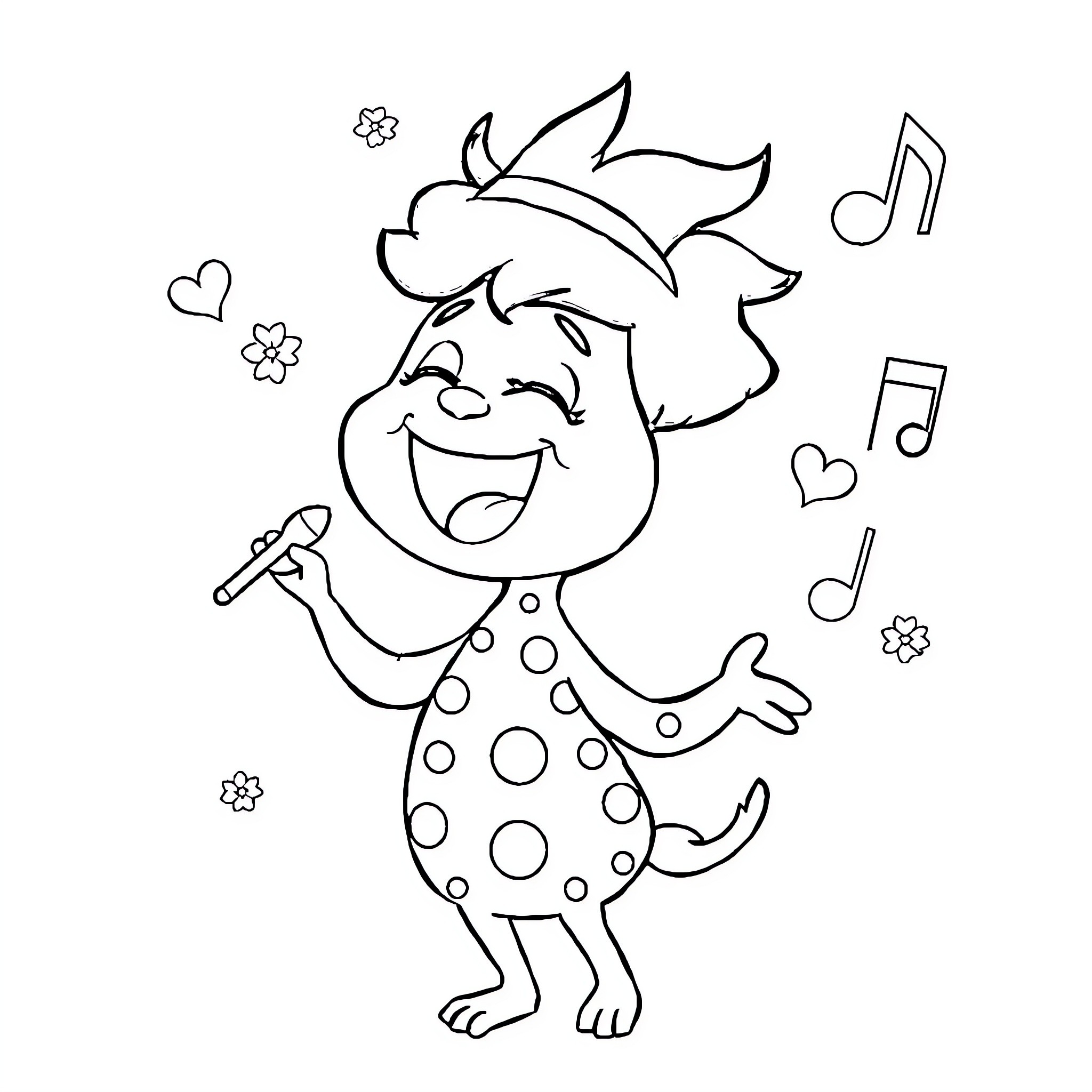 Tralalero Joyful Spotted Creature Singing and Dancing Coloring Page (free black-and-white line drawing printable PDF for all, from beginners to advanced learners, including children, teens, adults, and seniors)
