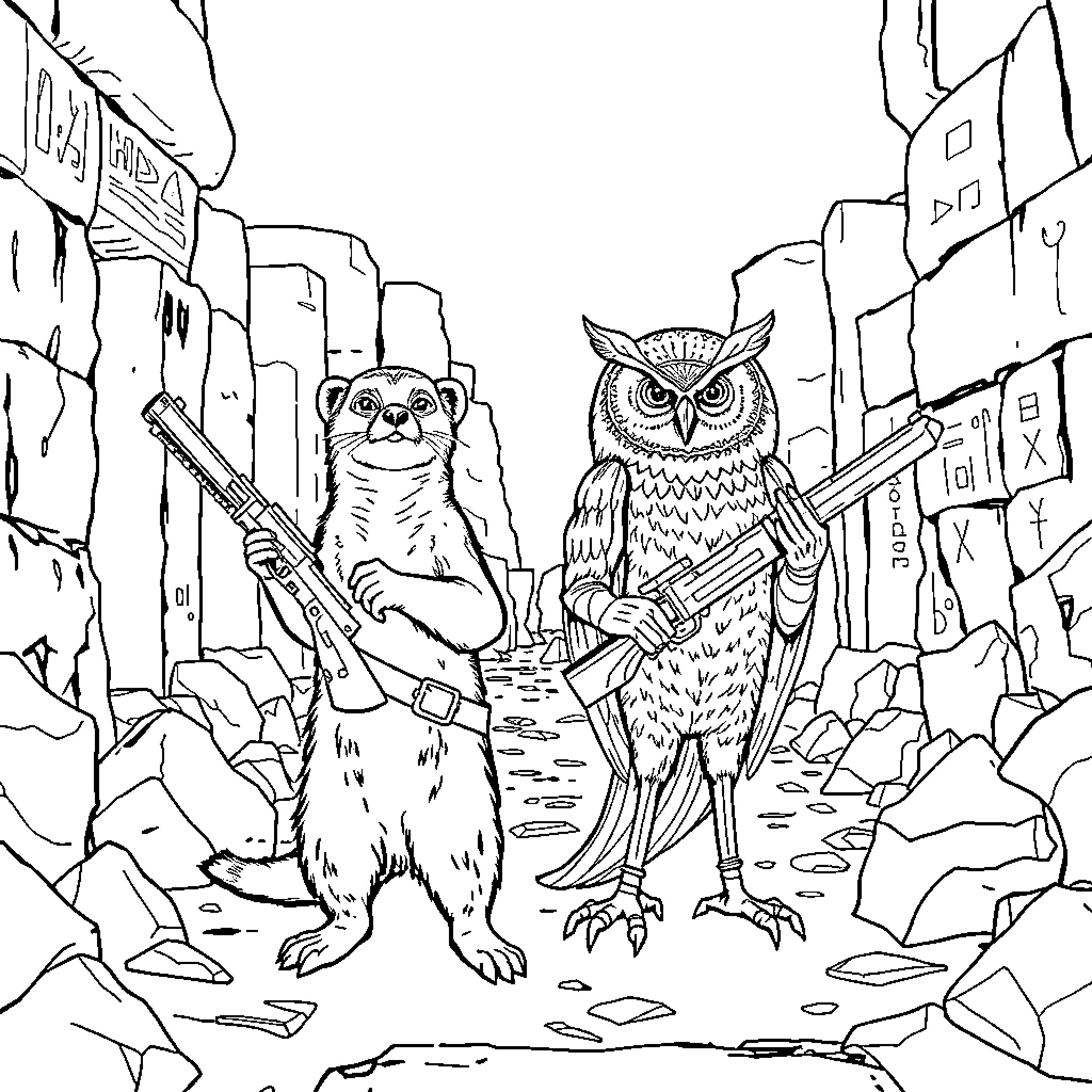 Ferret and Owl Adventurers in Ruins Coloring Page (free black-and-white line drawing printable PDF for all, from beginners to advanced learners, including children, teens, adults, and seniors)