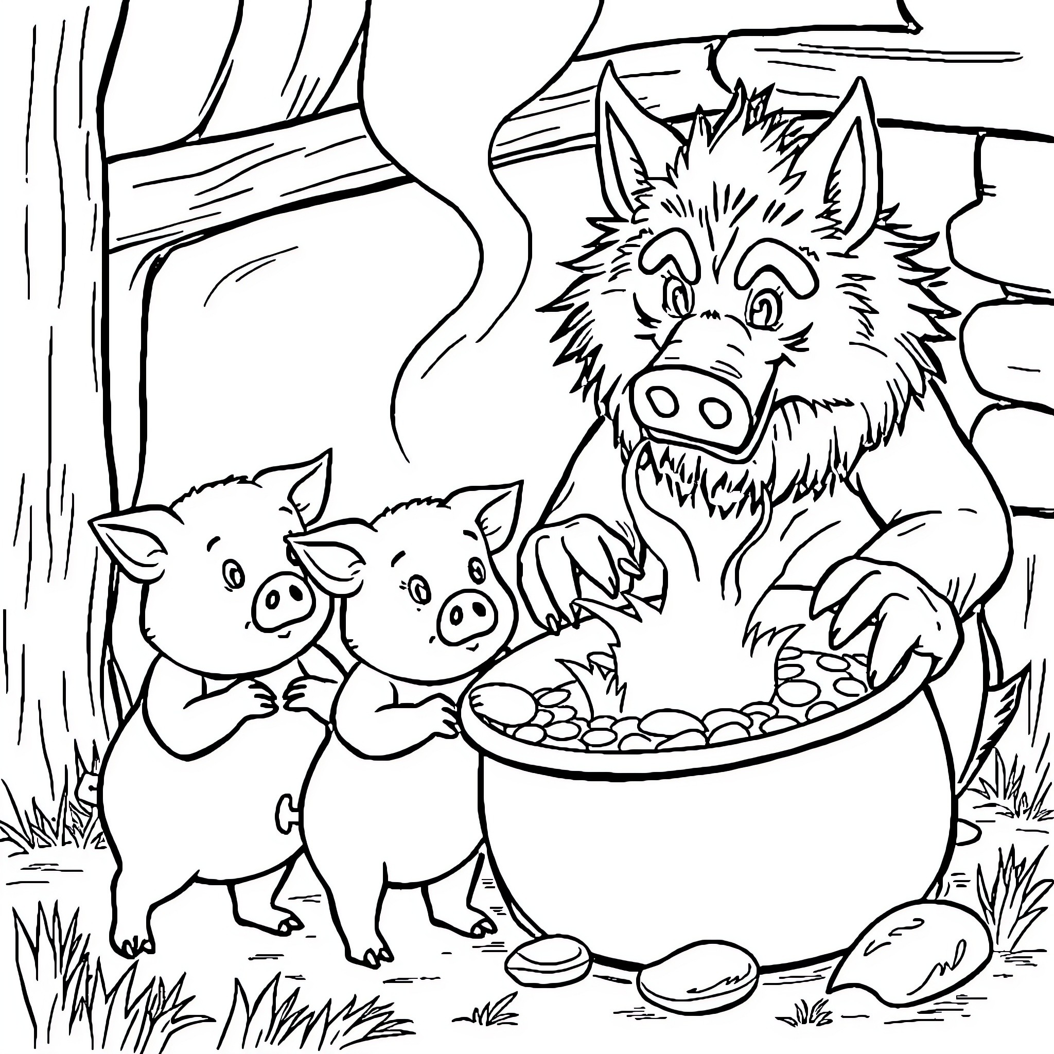 Pig family sharing a meal in the forest Coloring Page (free black-and-white line drawing printable PDF for all, from beginners to advanced learners, including children, teens, adults, and seniors)
