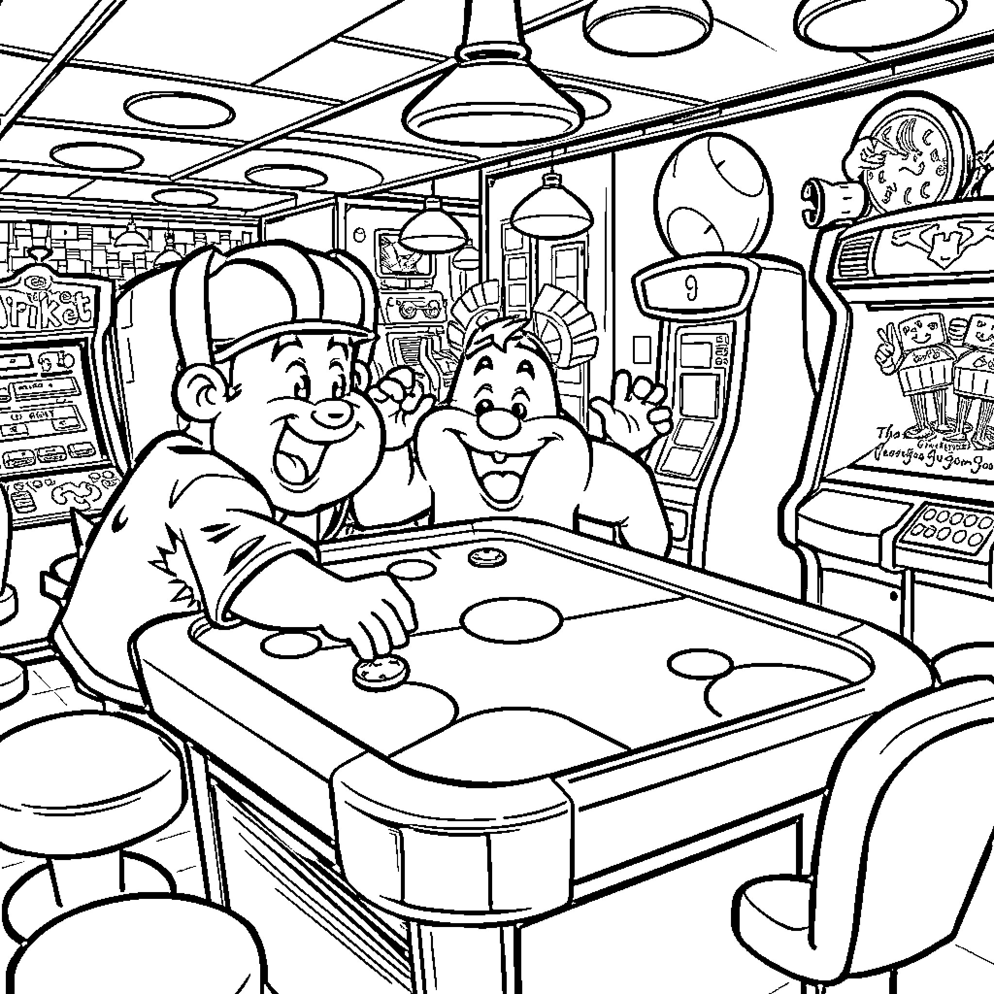 Chunky friends gaming together in a fun arcade Coloring Page (free black-and-white line drawing printable PDF for all, from beginners to advanced learners, including children, teens, adults, and seniors)