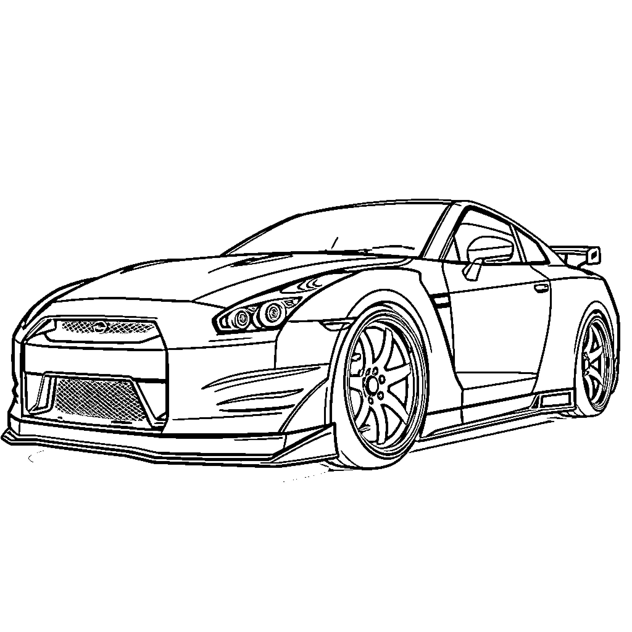 Nissan GTR Race Car Speeding on the Track Coloring Page (free black-and-white line drawing printable PDF for all, from beginners to advanced learners, including children, teens, adults, and seniors)