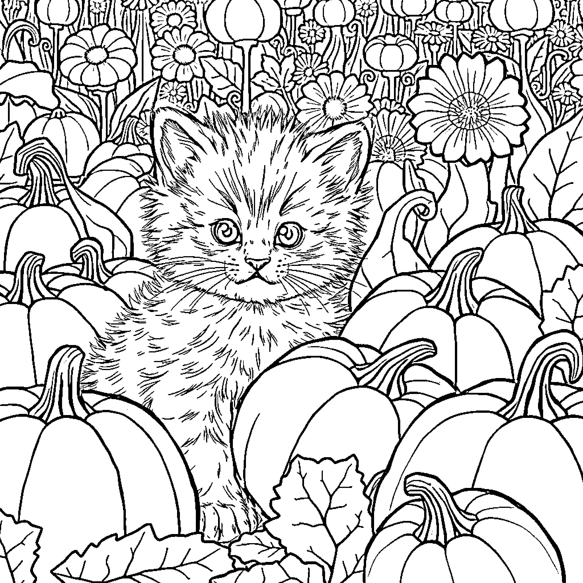Kitten hiding in pumpkin patch with flowers Coloring Page (free black-and-white line drawing printable PDF for all, from beginners to advanced learners, including children, teens, adults, and seniors)