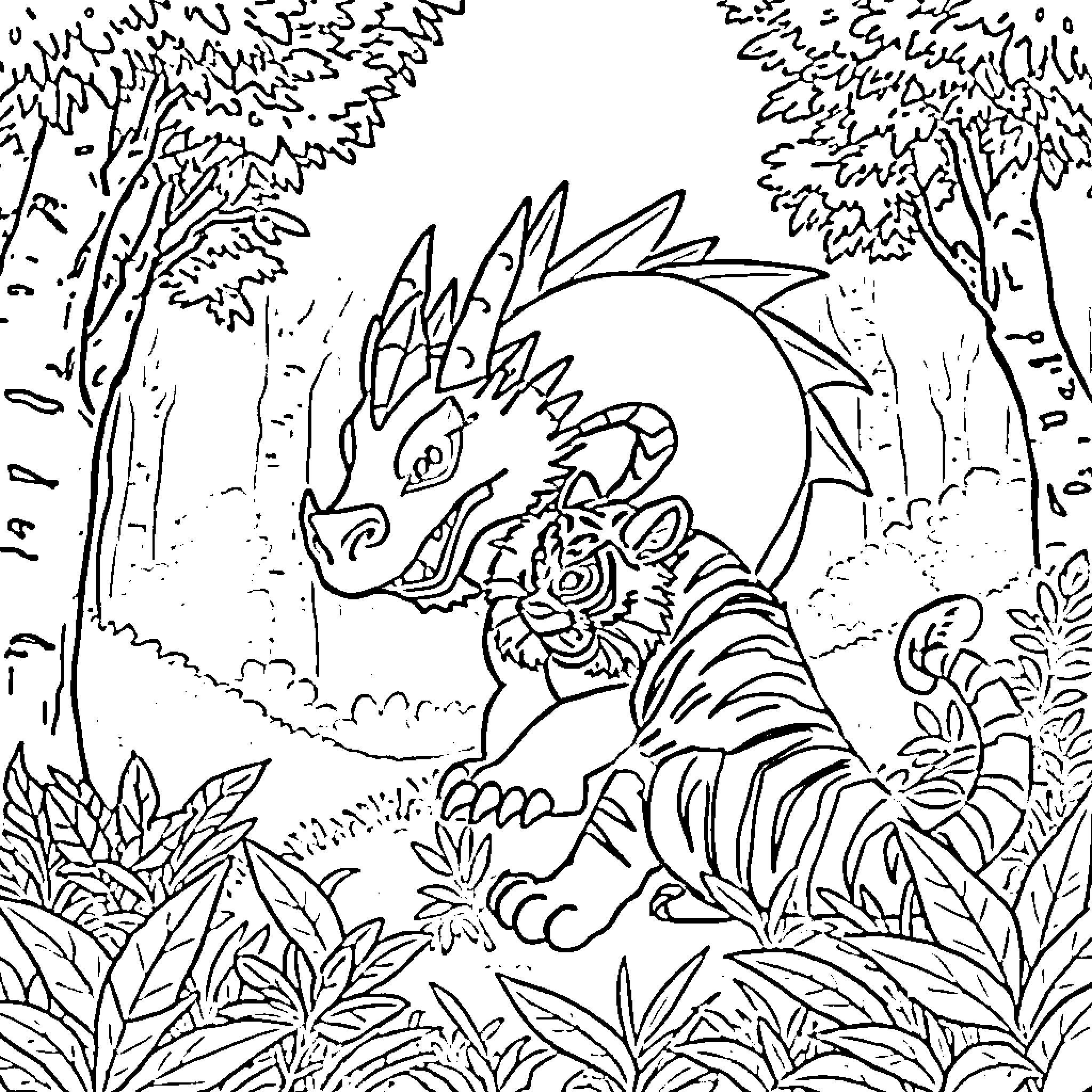 Dragon and tiger in the jungle Coloring Page (free black-and-white line drawing printable PDF for all, from beginners to advanced learners, including children, teens, adults, and seniors)